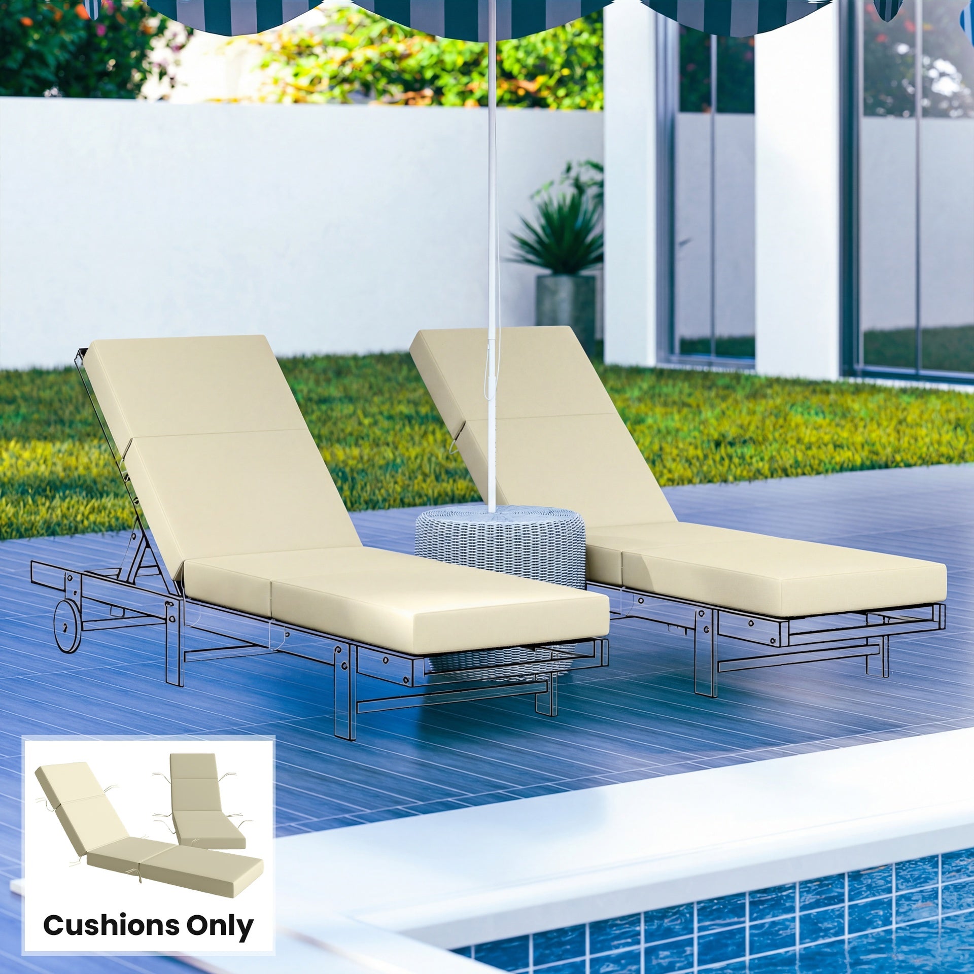 Outsunny Set of 2 Chaise Lounge Cushion, 4" Thick Outdoor Lounge Chair Cushions with Ties for Patio, 21" x 72", Cream White