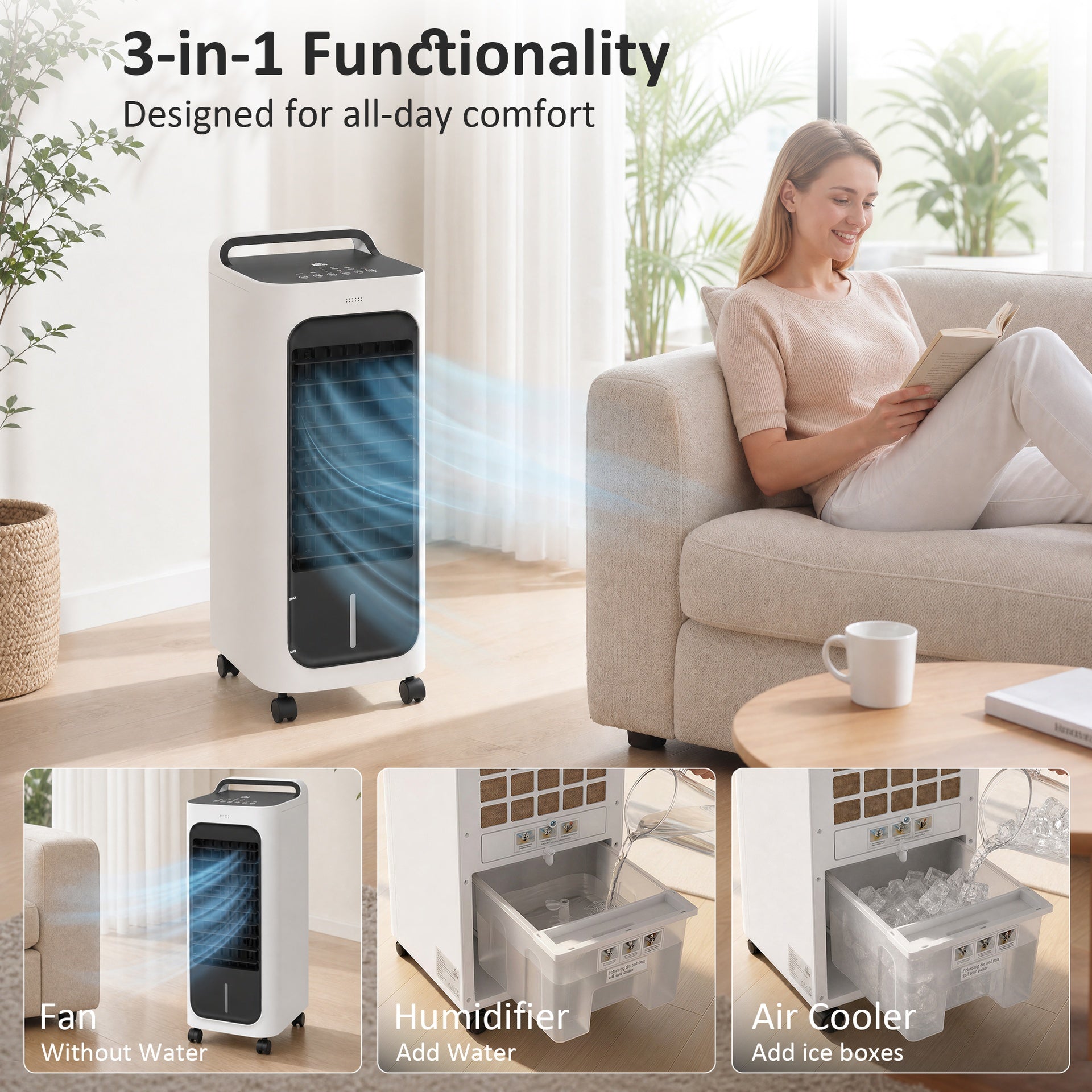 HOMCOM Room Air Cooler with Ice Packs, Ice Cooling Fan Water Humidifier Unit with Remote, Timer, Oscillating