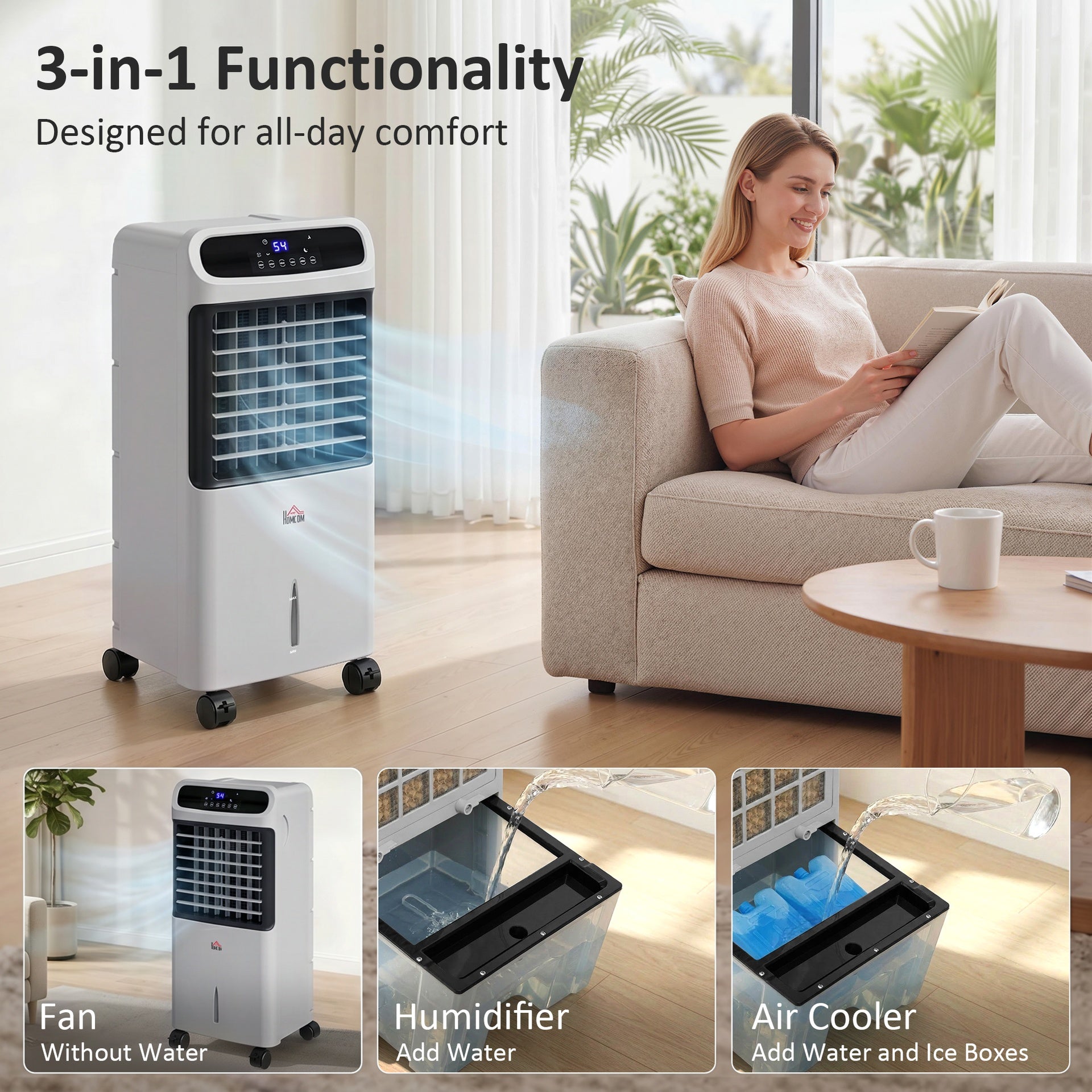HOMCOM 3-In-1 Ice Cooling Fan, Mobile Evaporative Air Cooler with Remote, Timer, Oscillating for Home Office, Bedroom, Gray