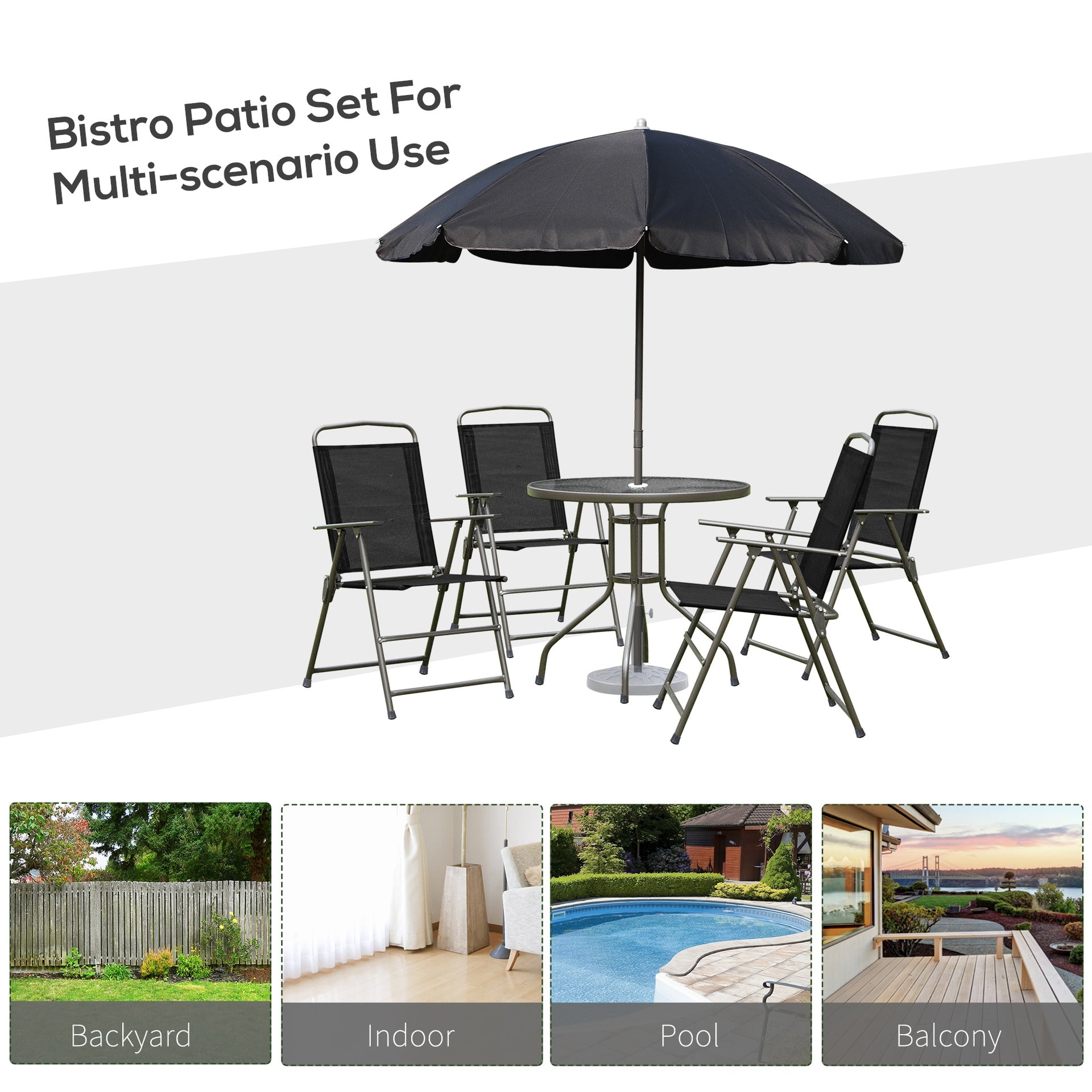 Outsunny 6 Piece Patio Dining Set for 4 with Umbrella, Outdoor Table and Chairs with 4 Folding Dining Chairs & Round Glass Table for Garden, Backyard and Poolside, Black and Coffee