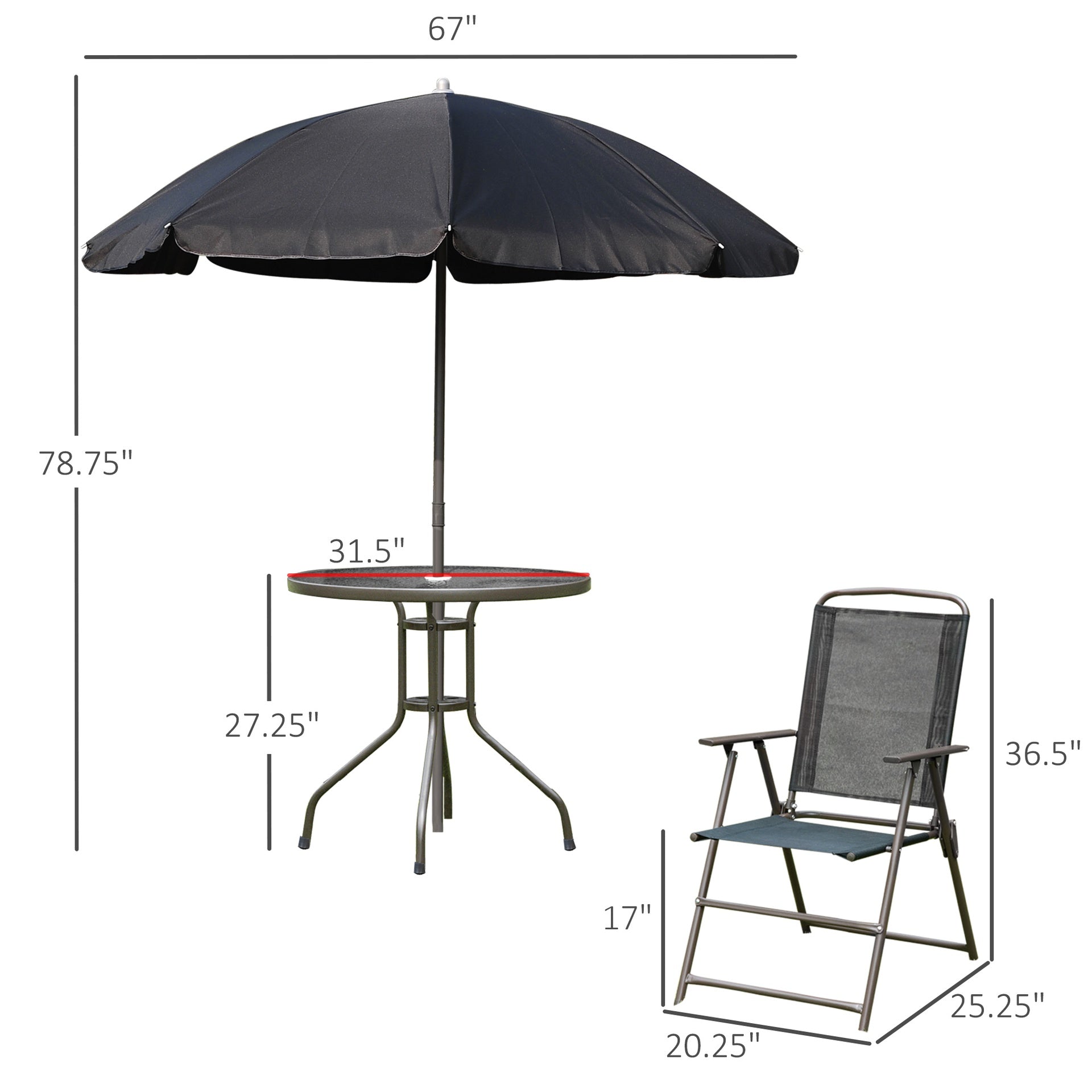 Outsunny 6 Piece Patio Dining Set for 4 with Umbrella, Outdoor Table and Chairs with 4 Folding Dining Chairs & Round Glass Table for Garden, Backyard and Poolside, Black and Coffee
