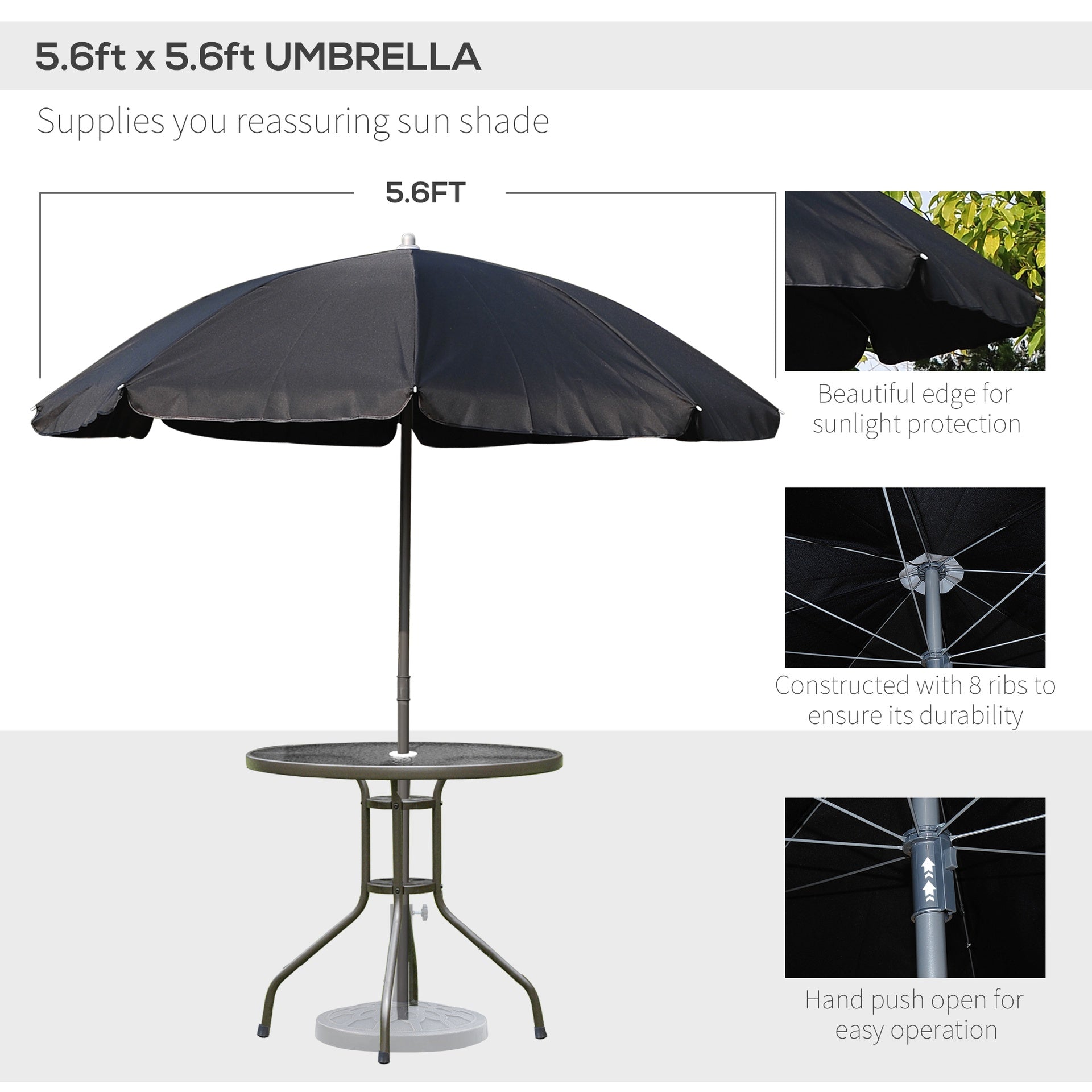 Outsunny 6 Piece Patio Dining Set for 4 with Umbrella, Outdoor Table and Chairs with 4 Folding Dining Chairs & Round Glass Table for Garden, Backyard and Poolside, Black and Coffee