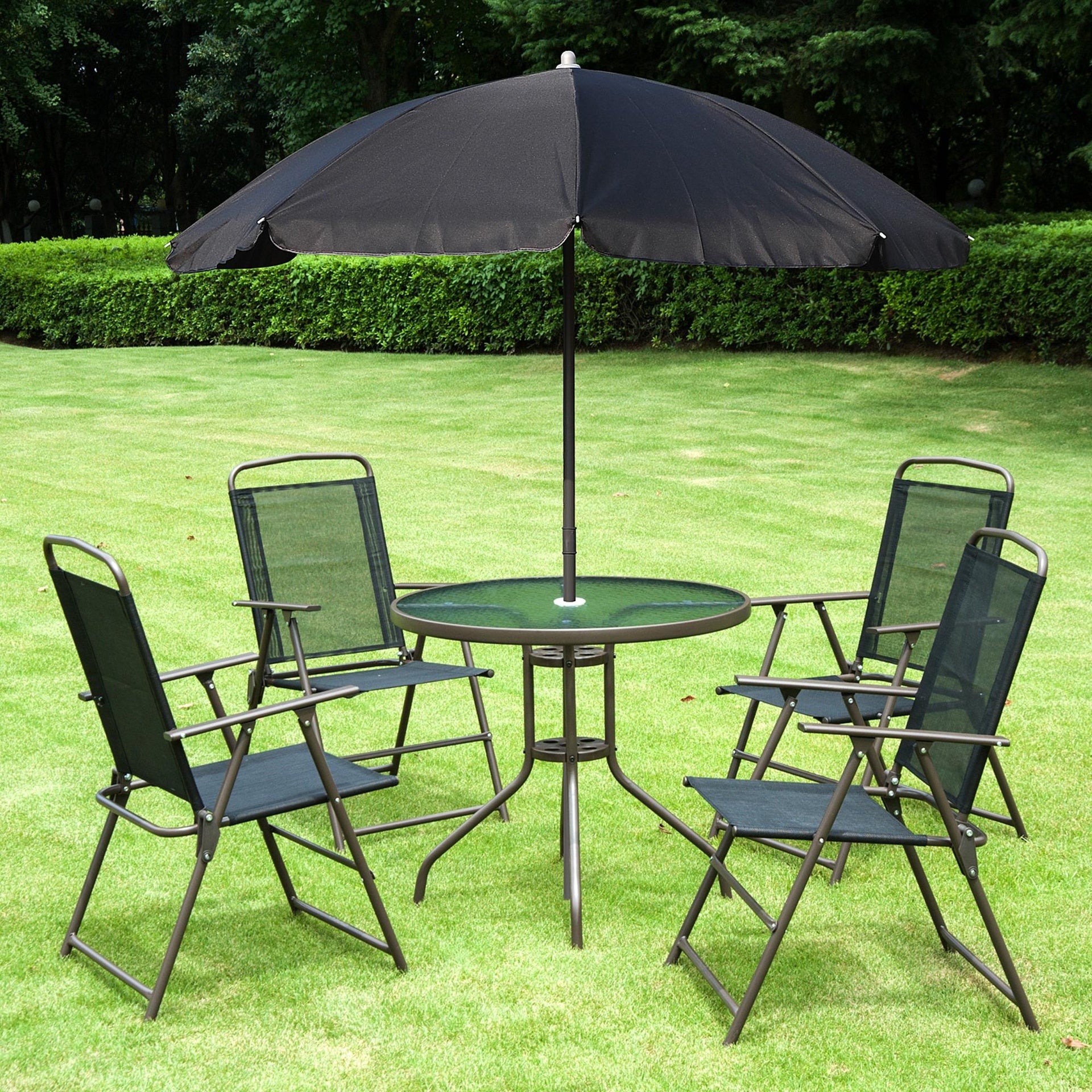 Outsunny 6 Piece Patio Dining Set for 4 with Umbrella, Outdoor Table and Chairs with 4 Folding Dining Chairs & Round Glass Table for Garden, Backyard and Poolside, Black and Coffee