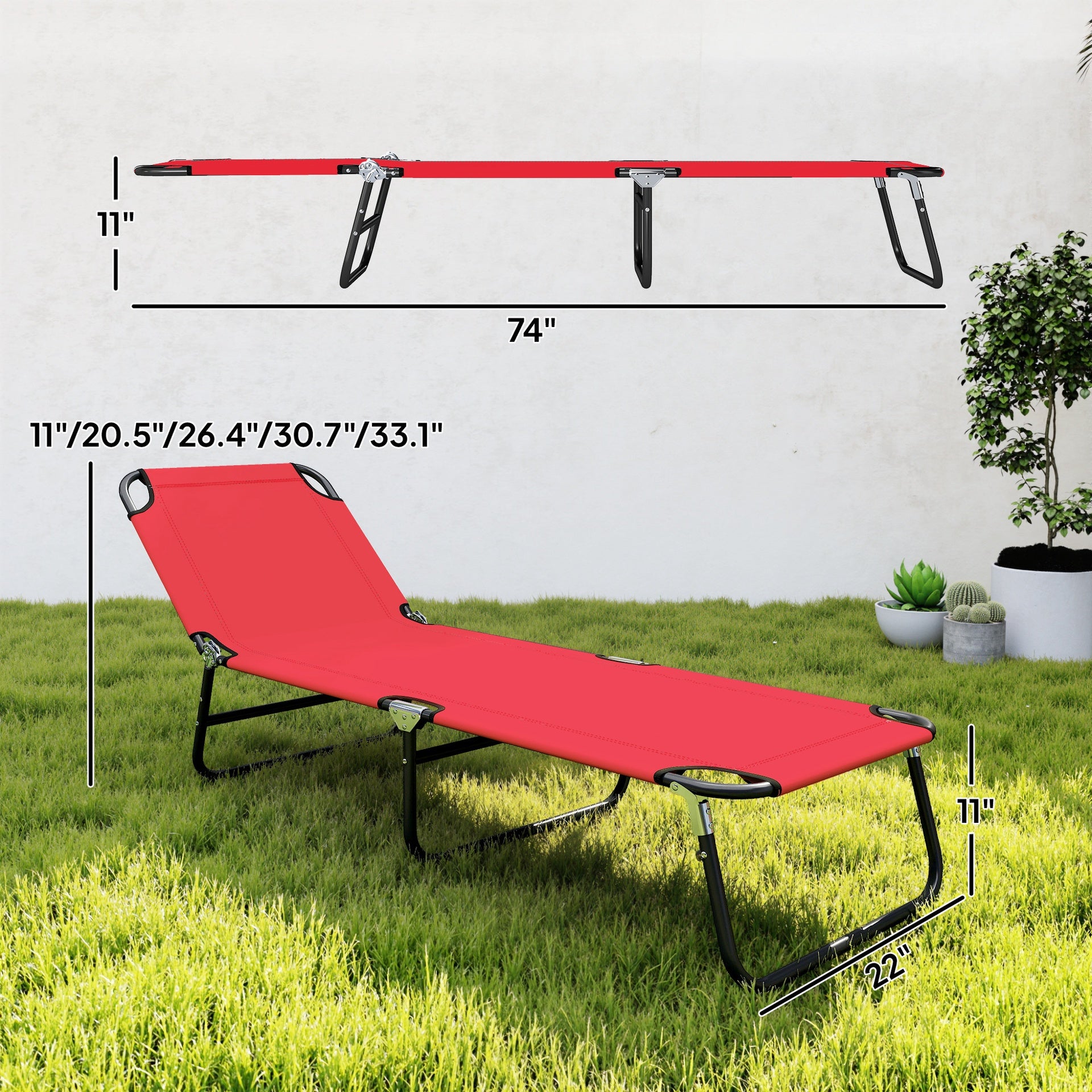 Outsunny Folding Chaise Lounge Pool Chairs, Outdoor Sun Tanning Chairs with 5-Level Reclining Back, Steel Frame for Beach, Yard, Patio, Red