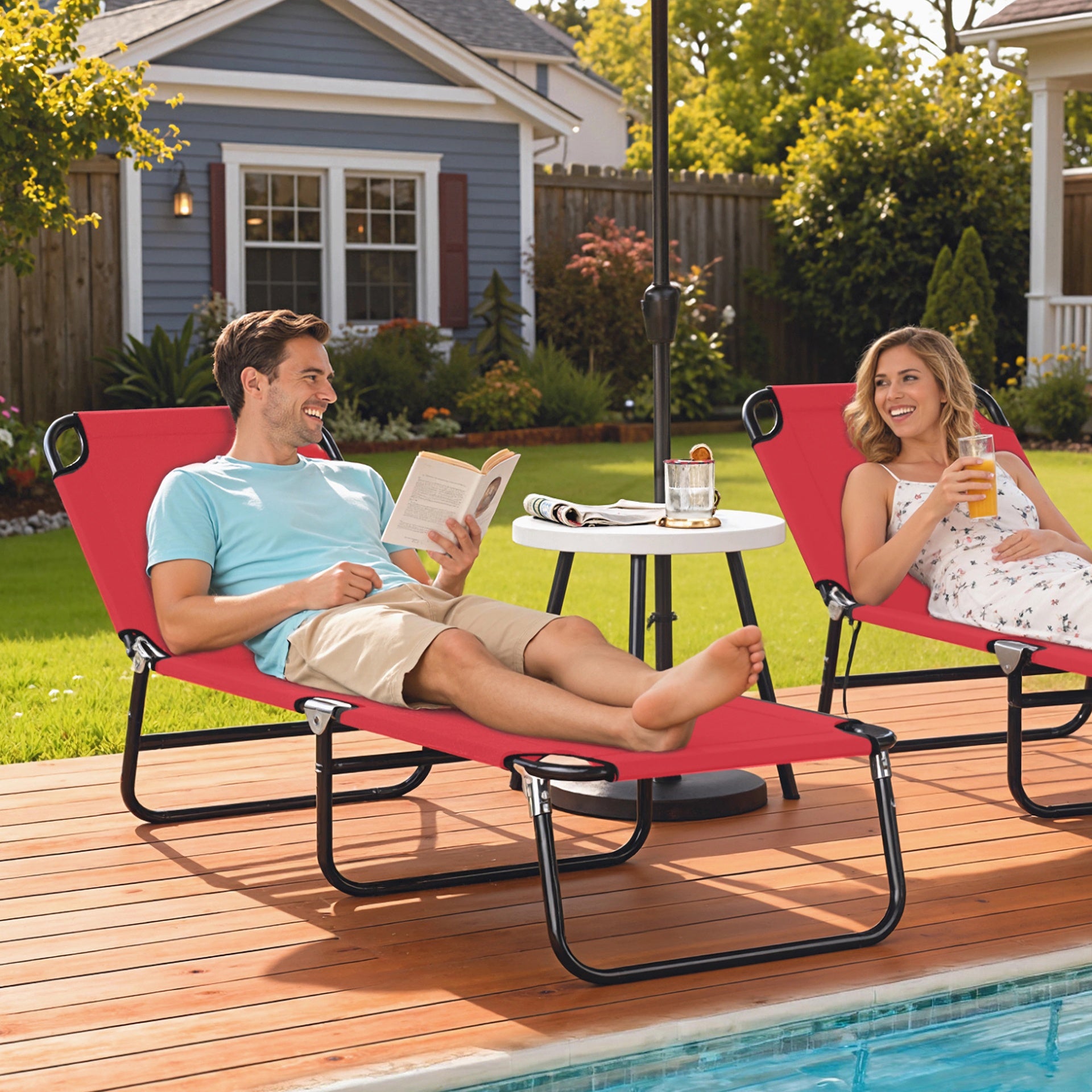 Outsunny Folding Chaise Lounge Pool Chairs, Outdoor Sun Tanning Chairs with 5-Level Reclining Back, Steel Frame for Beach, Yard, Patio, Red