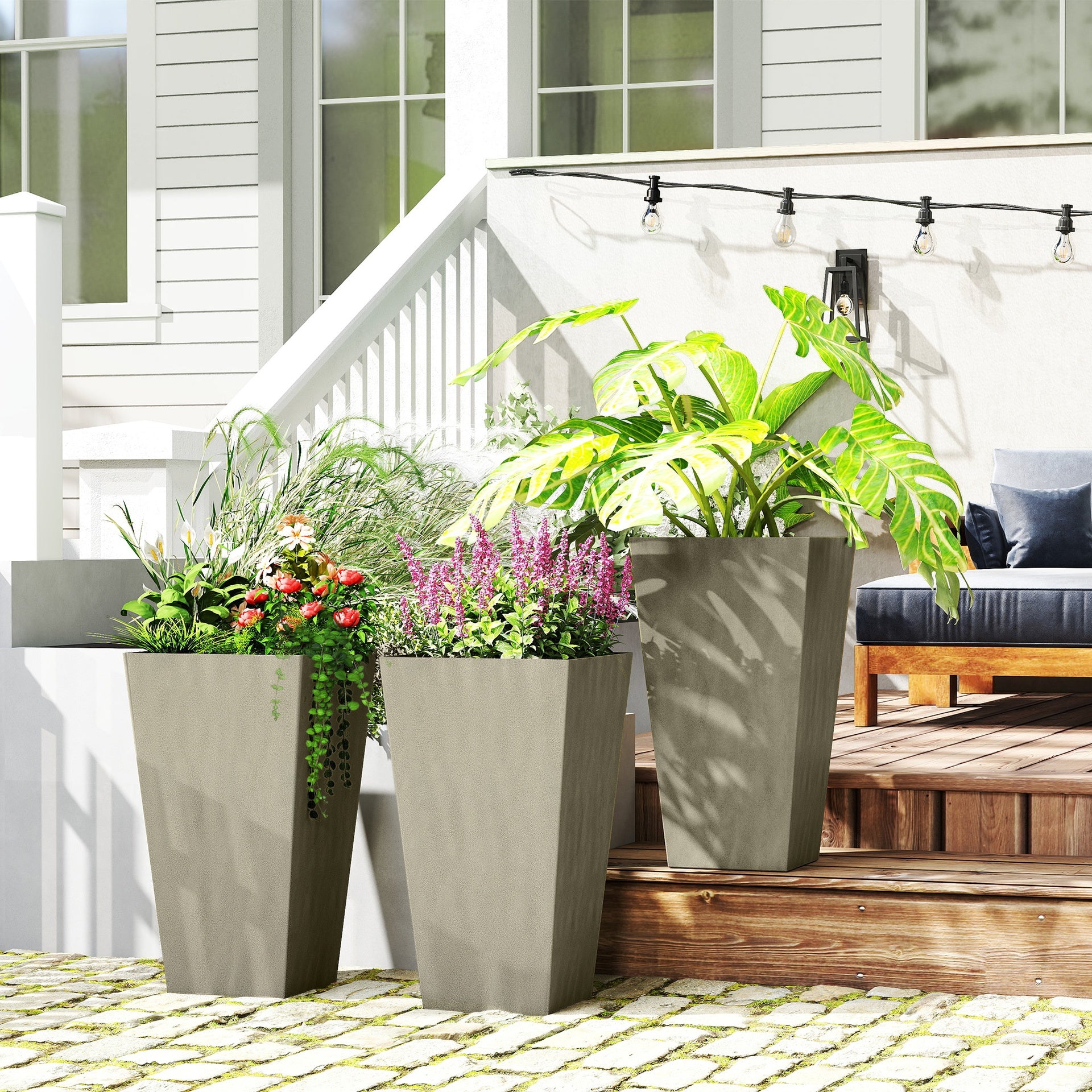 Outsunny Tall Planters for Outdoor Plants Set of 3, 28 In Taper Planters with Drainage Holes, Indoor Grande Plant Pots, Front Porch Decor, Grey