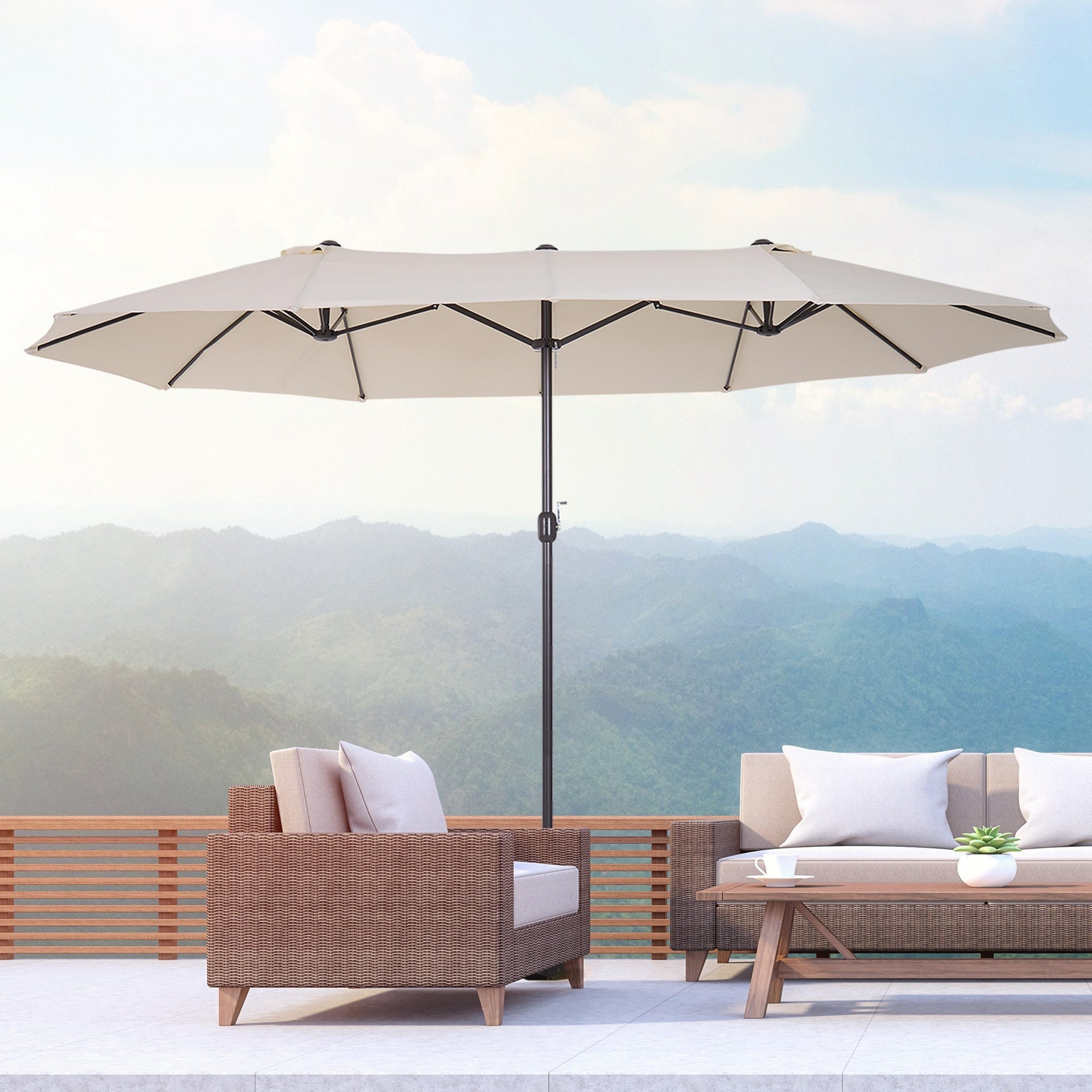 Outsunny 15ft Patio Umbrella Double-Sided Outdoor Market Extra Large Umbrella with Crank Handle for Deck, Lawn, Backyard and Pool, Cream White