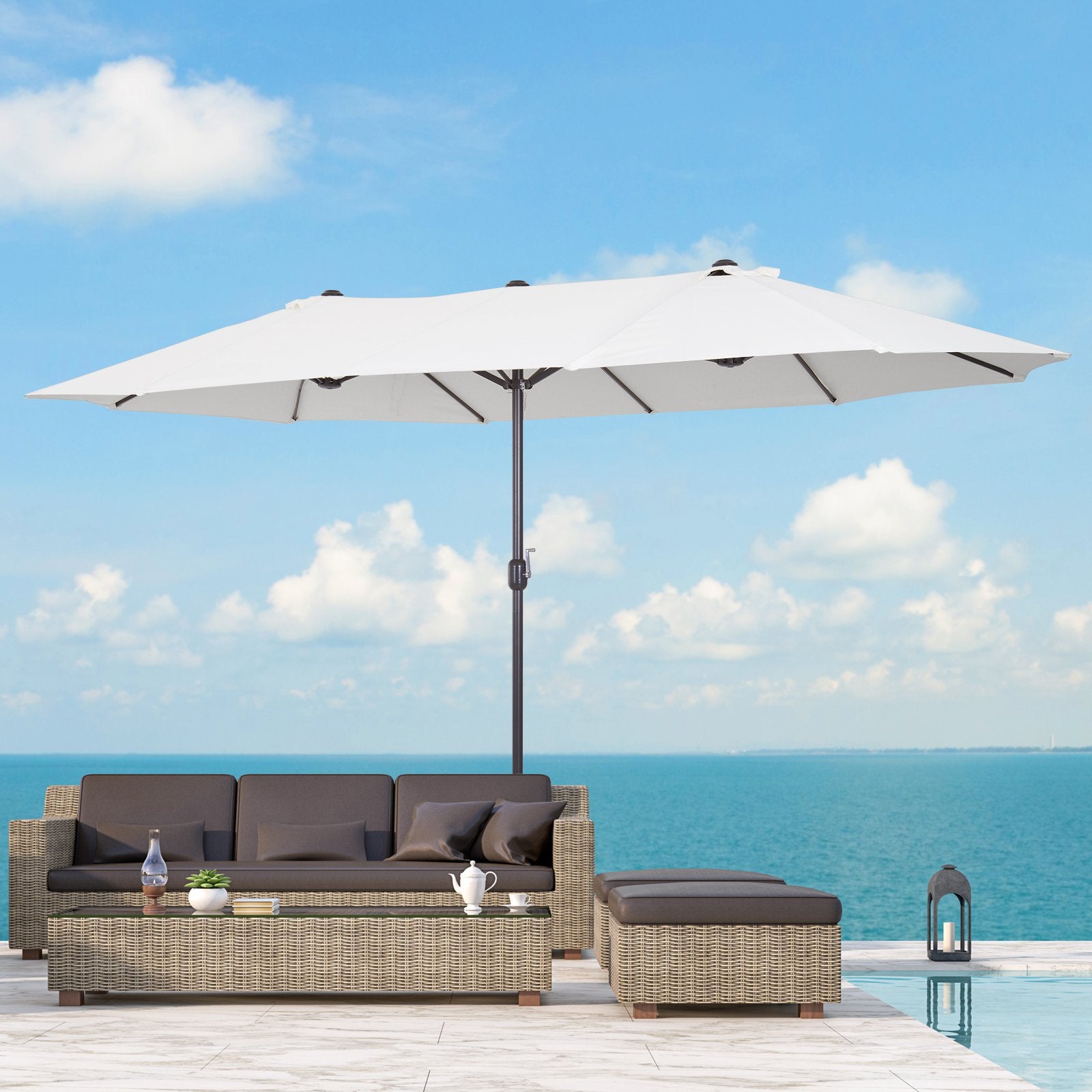 Outsunny 15ft Patio Umbrella Double-Sided Outdoor Market Extra Large Umbrella with Crank Handle for Deck, Lawn, Backyard and Pool, Cream White