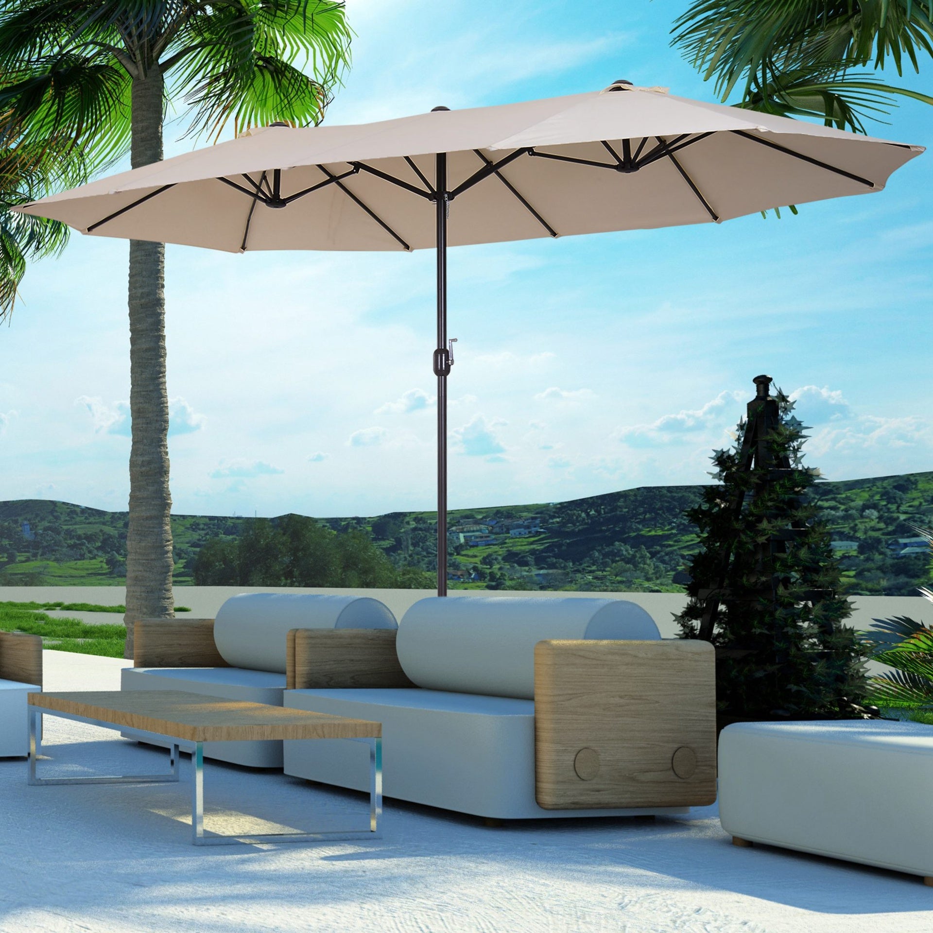Outsunny 15ft Patio Umbrella Double-Sided Outdoor Market Extra Large Umbrella with Crank Handle for Deck, Lawn, Backyard and Pool, Cream White