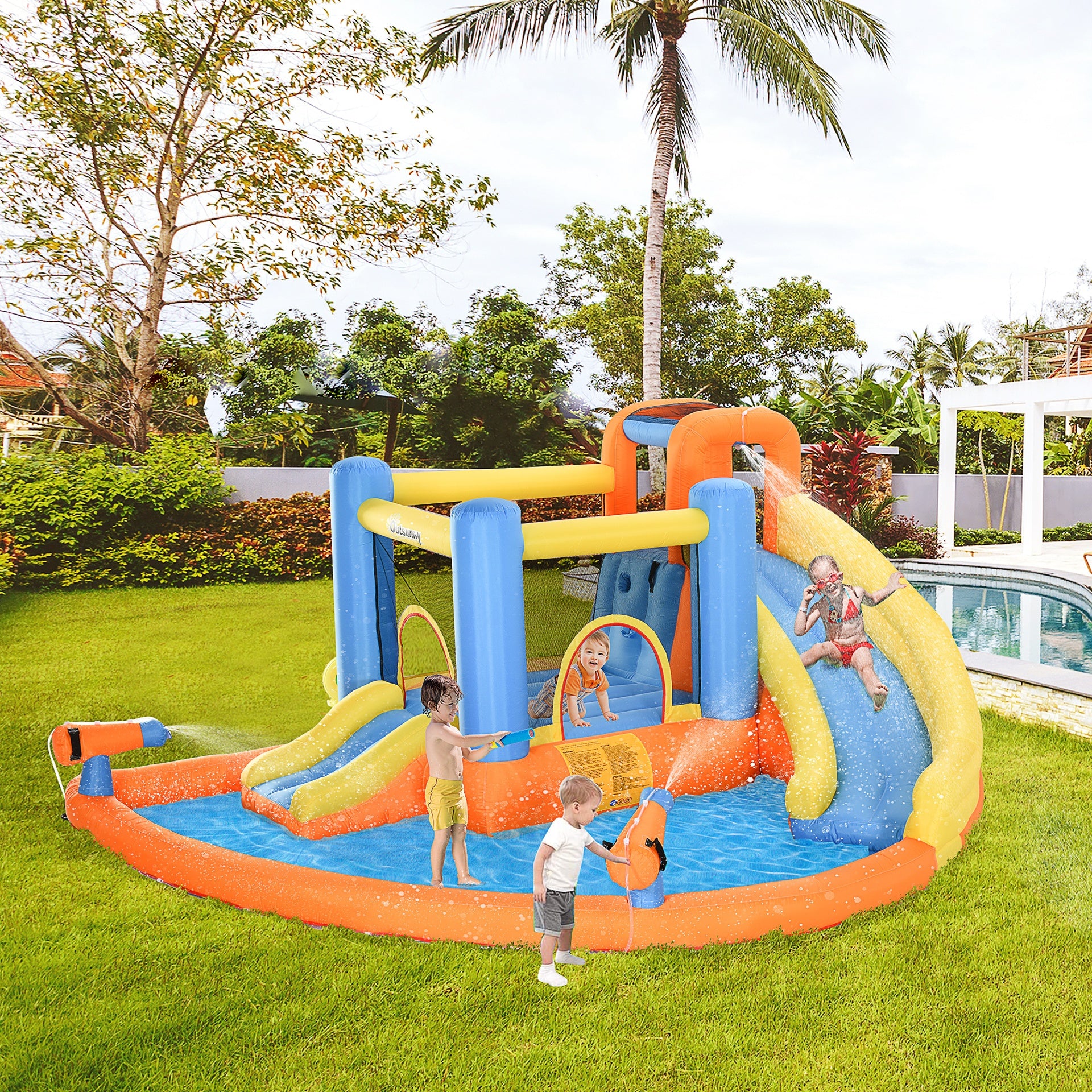 Outsunny 5-in-1 Kids Inflatable Bounce House Jumping Castle with Water Pool, Slide, Climbing Walls & 2 Water Guns