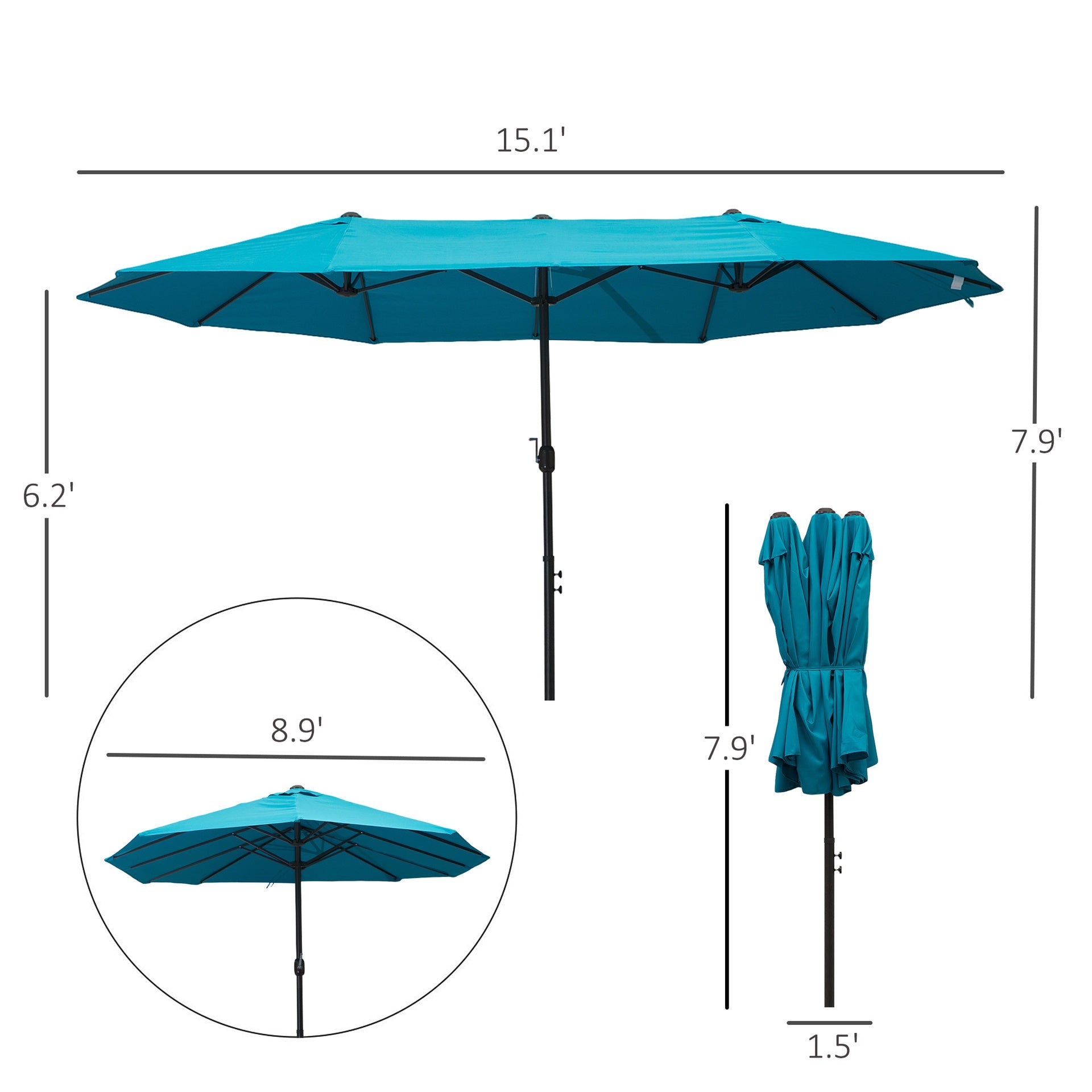 Outsunny Patio Umbrella 15ft Double-Sided Outdoor Market Extra Large Umbrella with Crank Handle for Deck, Lawn, Backyard and Pool, Blue