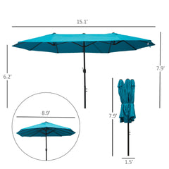 Outsunny Patio Umbrella 15ft Double-Sided Outdoor Market Extra Large Umbrella with Crank Handle for Deck, Lawn, Backyard and Pool, Blue