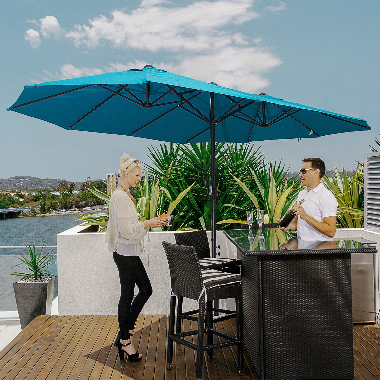 Outsunny Patio Umbrella 15ft Double-Sided Outdoor Market Extra Large Umbrella with Crank Handle for Deck, Lawn, Backyard and Pool, Blue