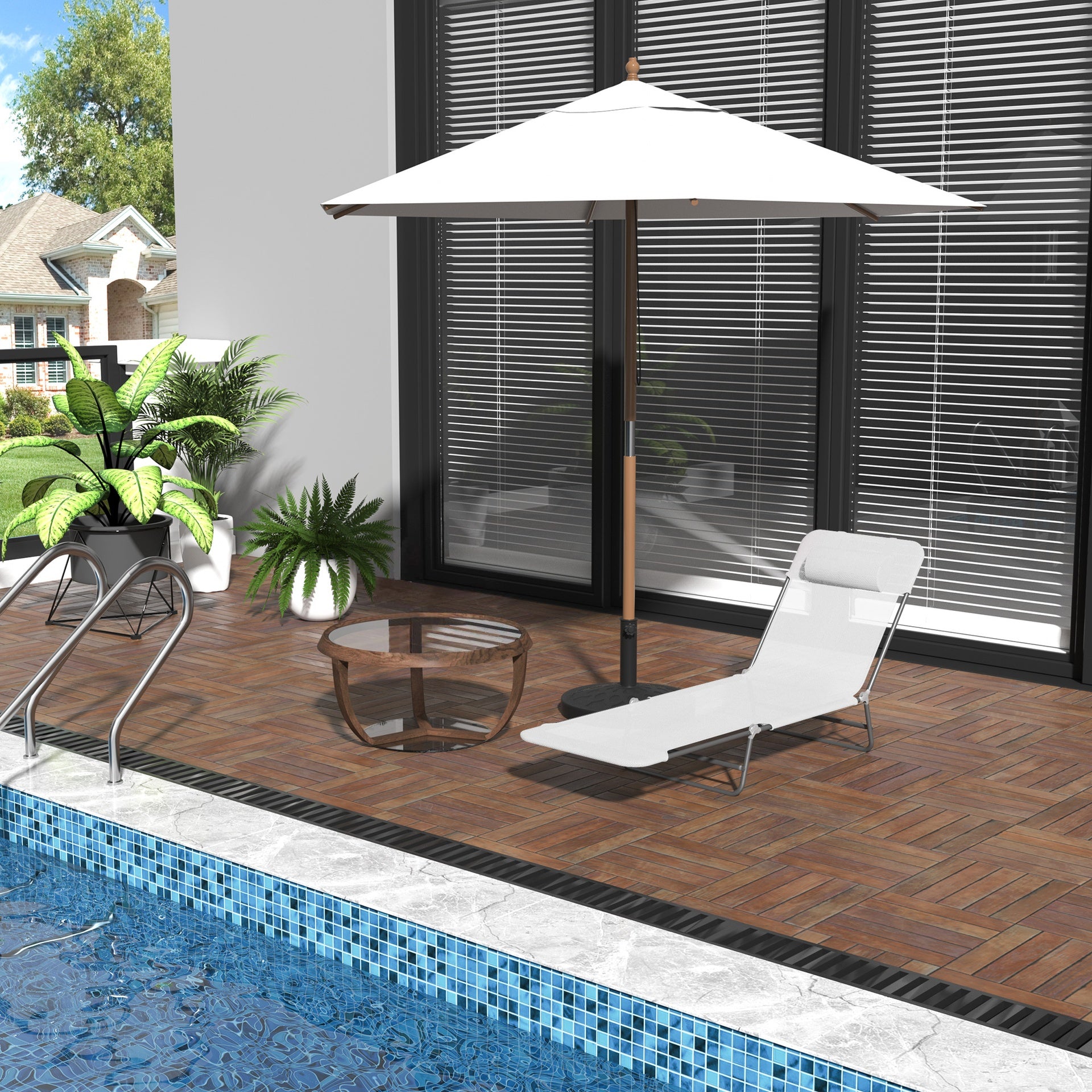 Outsunny Folding Chaise Lounge Chair, Pool Sun Tanning Chair, Outdoor Lounge Chair with Reclining Back, Breathable Mesh Seat, Headrest for Beach, Yard, Patio, Cream White