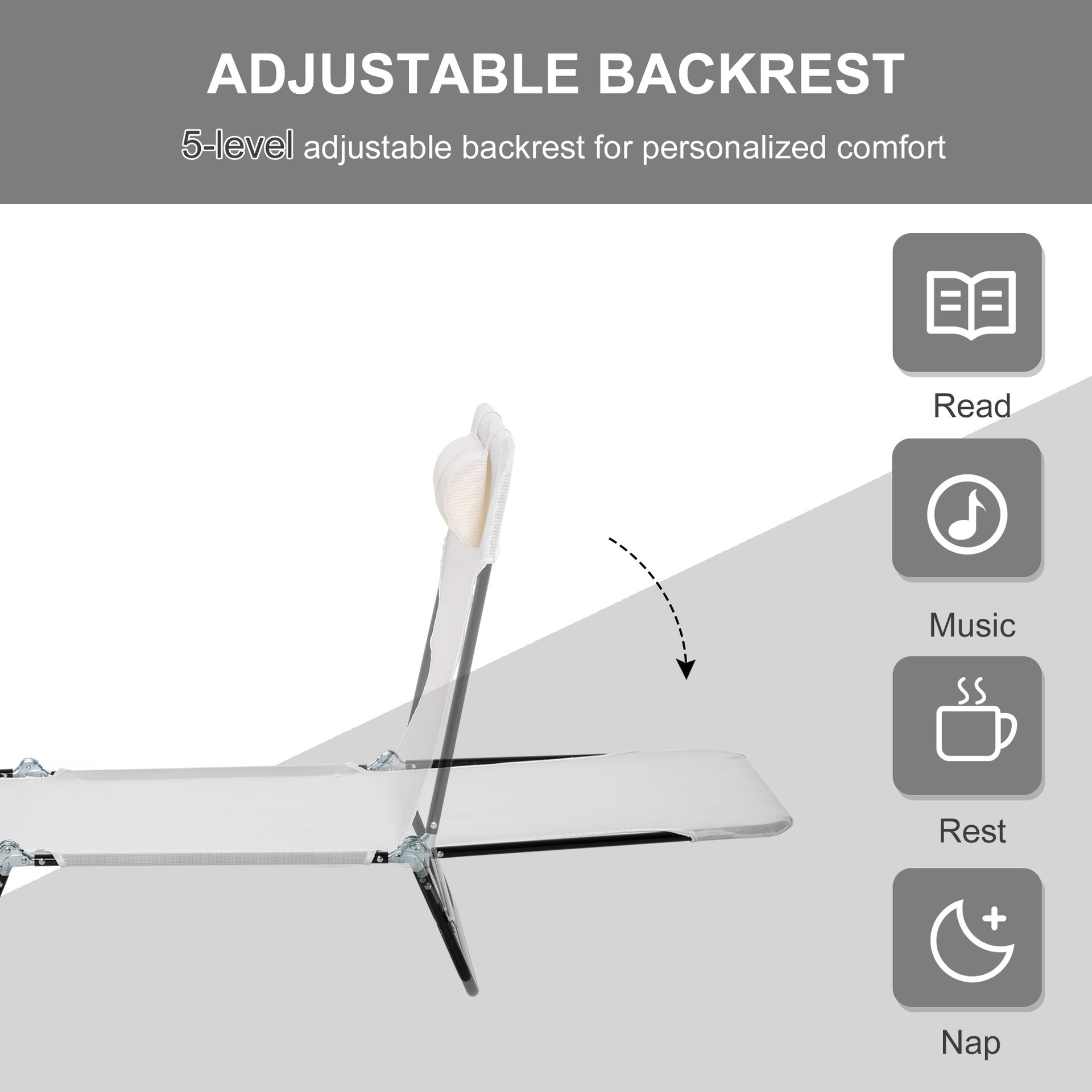 Outsunny Folding Chaise Lounge Chair, Pool Sun Tanning Chair, Outdoor Lounge Chair with Reclining Back, Breathable Mesh Seat, Headrest for Beach, Yard, Patio, Cream White