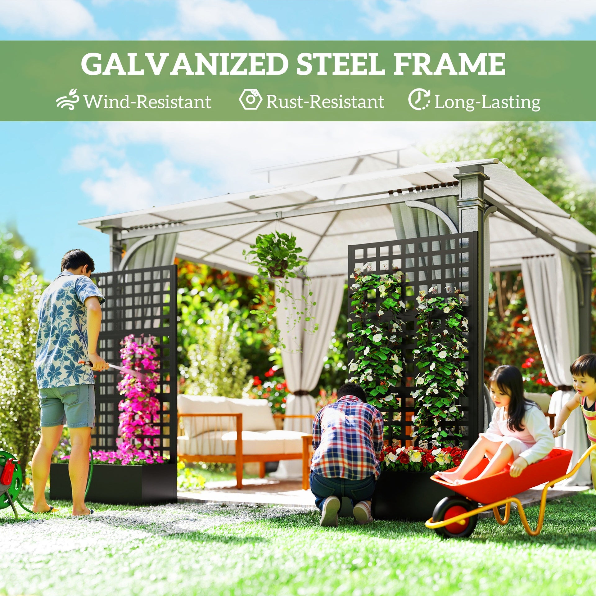 Outsunny Galvanized Raised Garden Bed Planter Box with Trellis for Climbing Plants, Vegetable, Vines, 35" x 16" x 70", Black