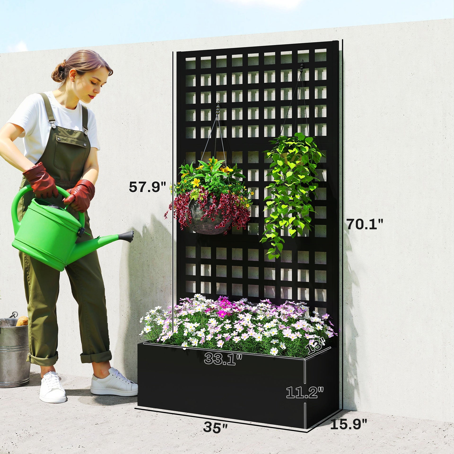 Outsunny Galvanized Raised Garden Bed Planter Box with Trellis for Climbing Plants, Vegetable, Vines, 35" x 16" x 70", Black
