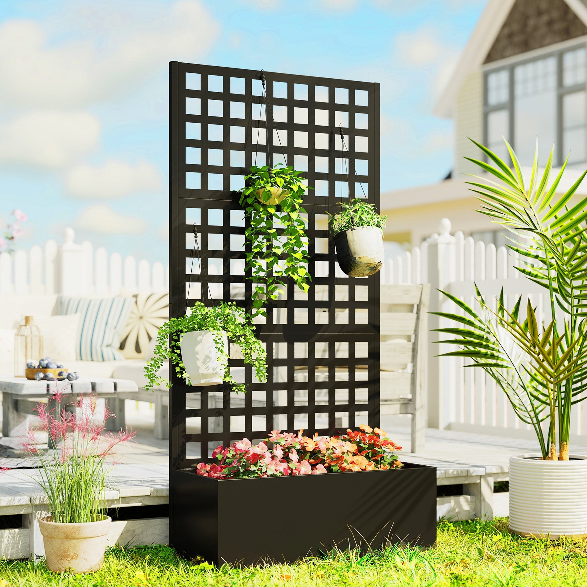 Outsunny Galvanized Raised Garden Bed Planter Box with Trellis for Climbing Plants, Vegetable, Vines, 35" x 16" x 70", Black