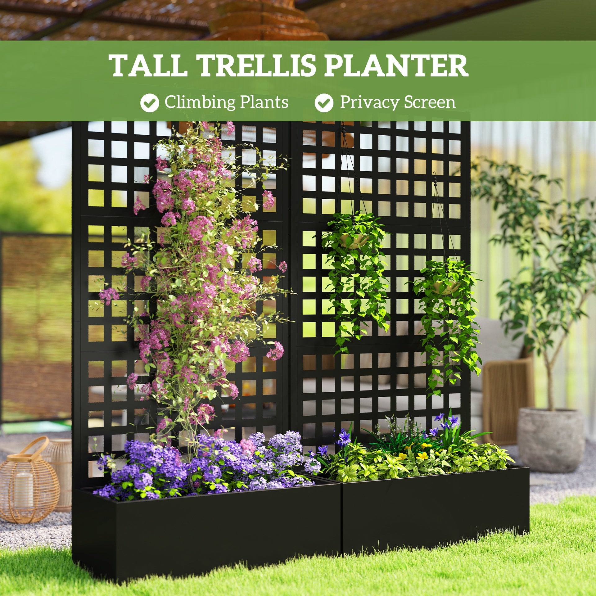 Outsunny Galvanized Raised Garden Bed Planter Box with Trellis for Climbing Plants, Vegetable, Vines, 35" x 16" x 70", Black