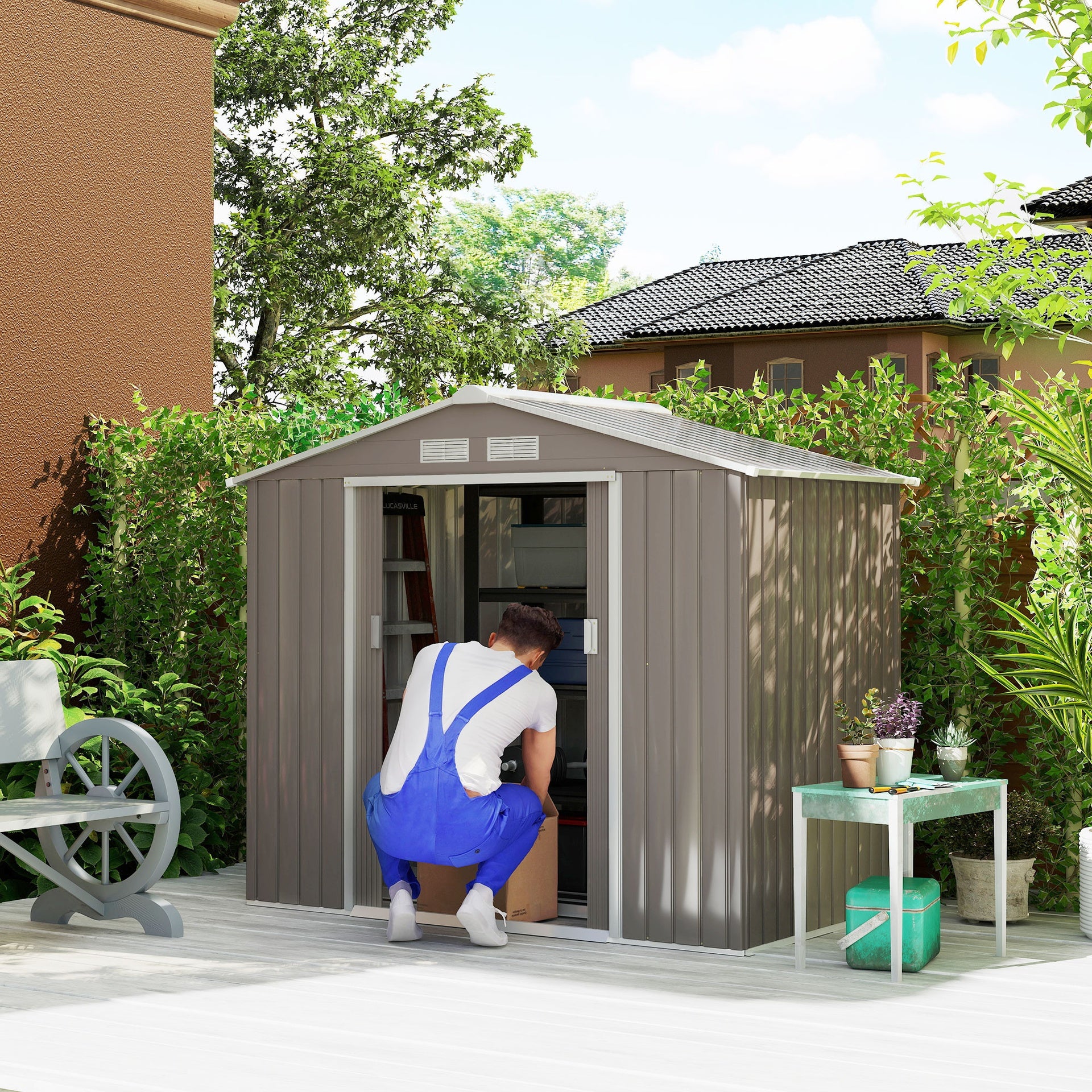 Outsunny 7' x 4' Outdoor Storage Shed, Garden Tool Metal Shed with Foundation Kit, Double Lockable Door, Air Vents and Sloping Roof, for Backyard, Patio, Lawn, Gray