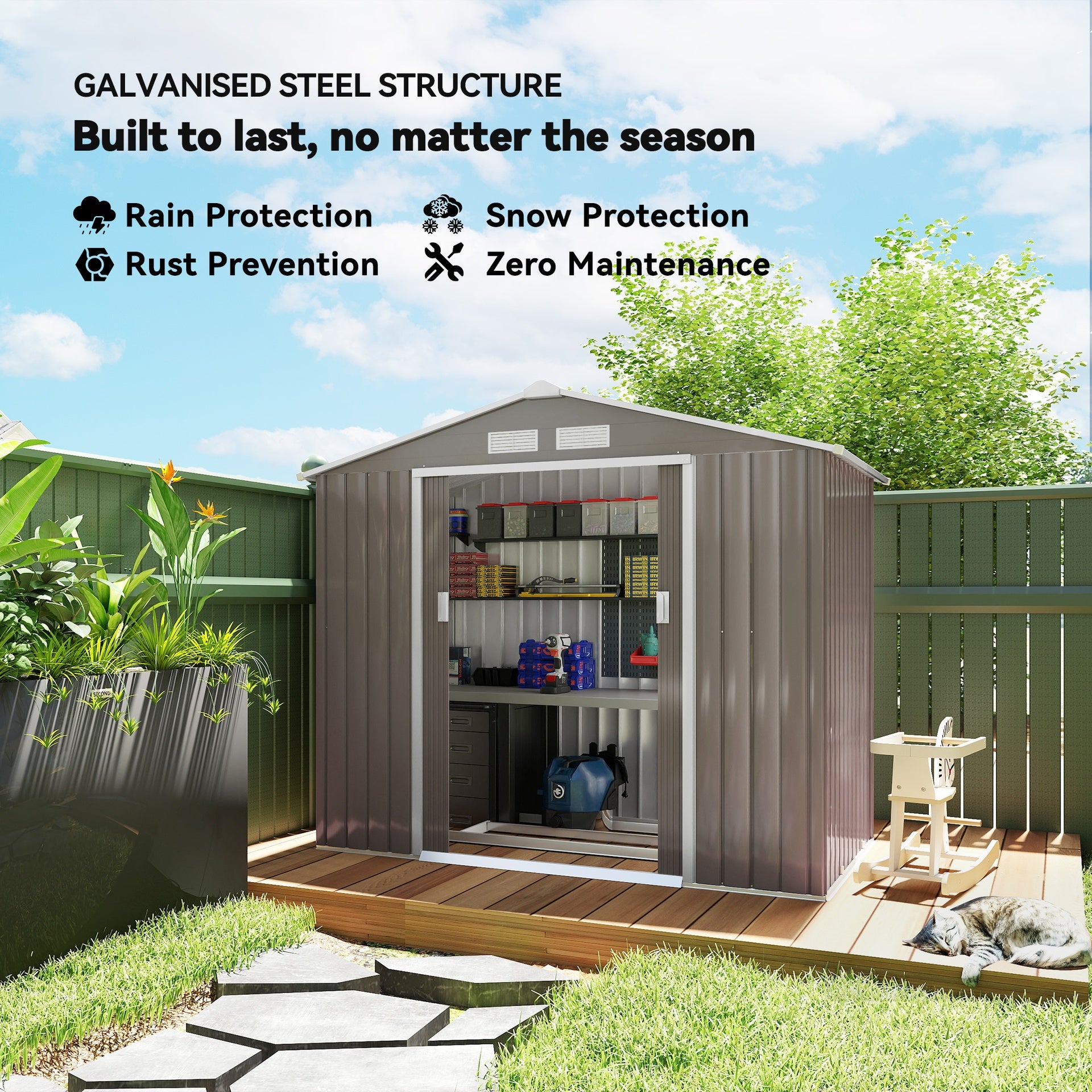 Outsunny 7' x 4' Outdoor Storage Shed, Garden Tool Metal Shed with Foundation Kit, Double Lockable Door, Air Vents and Sloping Roof, for Backyard, Patio, Lawn, Gray