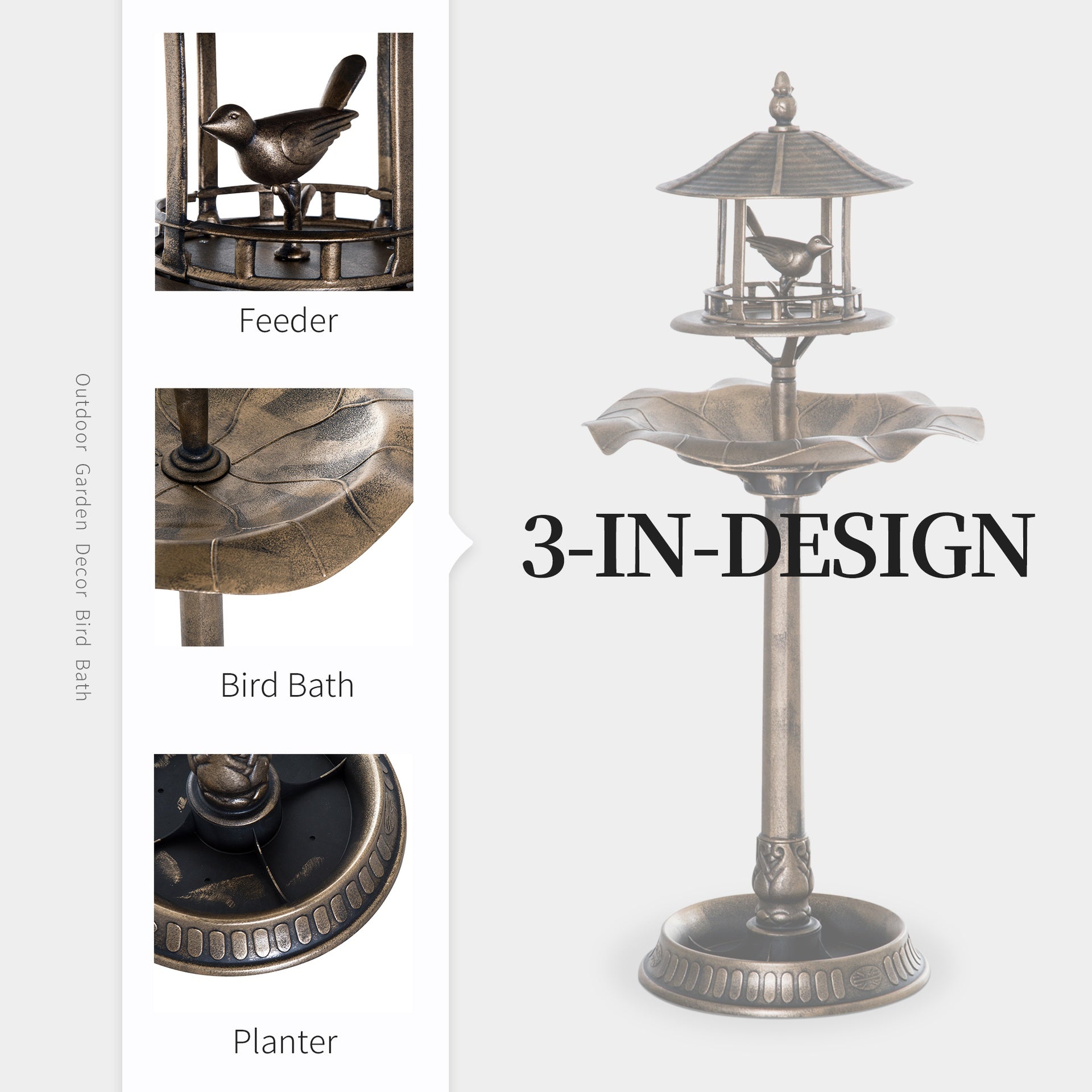 Outsunny 3 in 1 Garden Bird Bath Bowl Pedestal with Bird Feeder, Large Water Basin, Underneath Flower Planter, Bronze