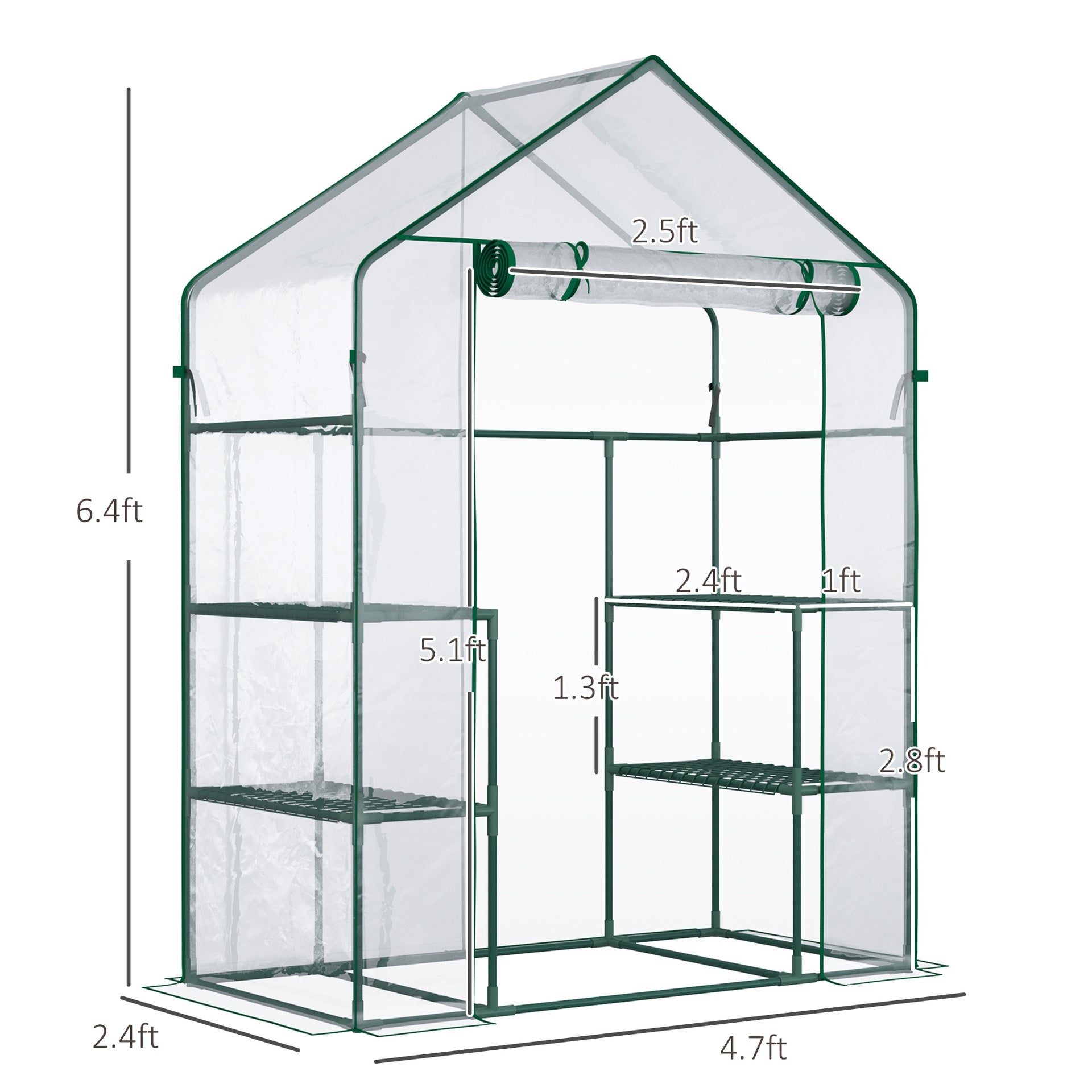 Outsunny 5' x 2.5' x 6.5' Mini Walk-in Greenhouse Kit, Portable Green House with 3 Tier Shelves, Roll-Up Door, and Weatherized Plastic Cover for Backyard Garden, Clear