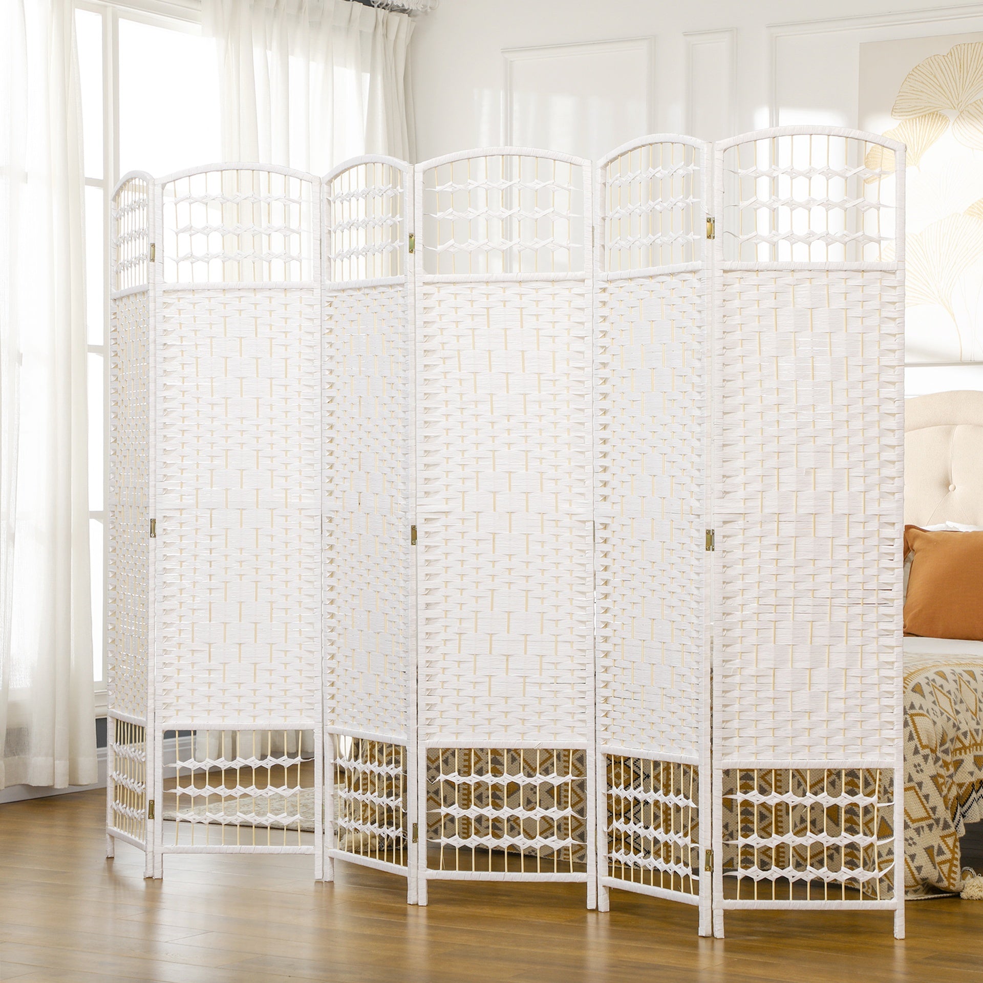 HOMCOM 6 Panel Folding Room Divider Portable Privacy Screen Wave Fiber Room Partition for Home Office White