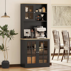 HOMCOM Kitchen Pantry Storage Cabinet, 72" Freestanding Cabinet with Hutch, Large Countertop, Glass Doors and Adjustable Shelves for Dining Room, Black
