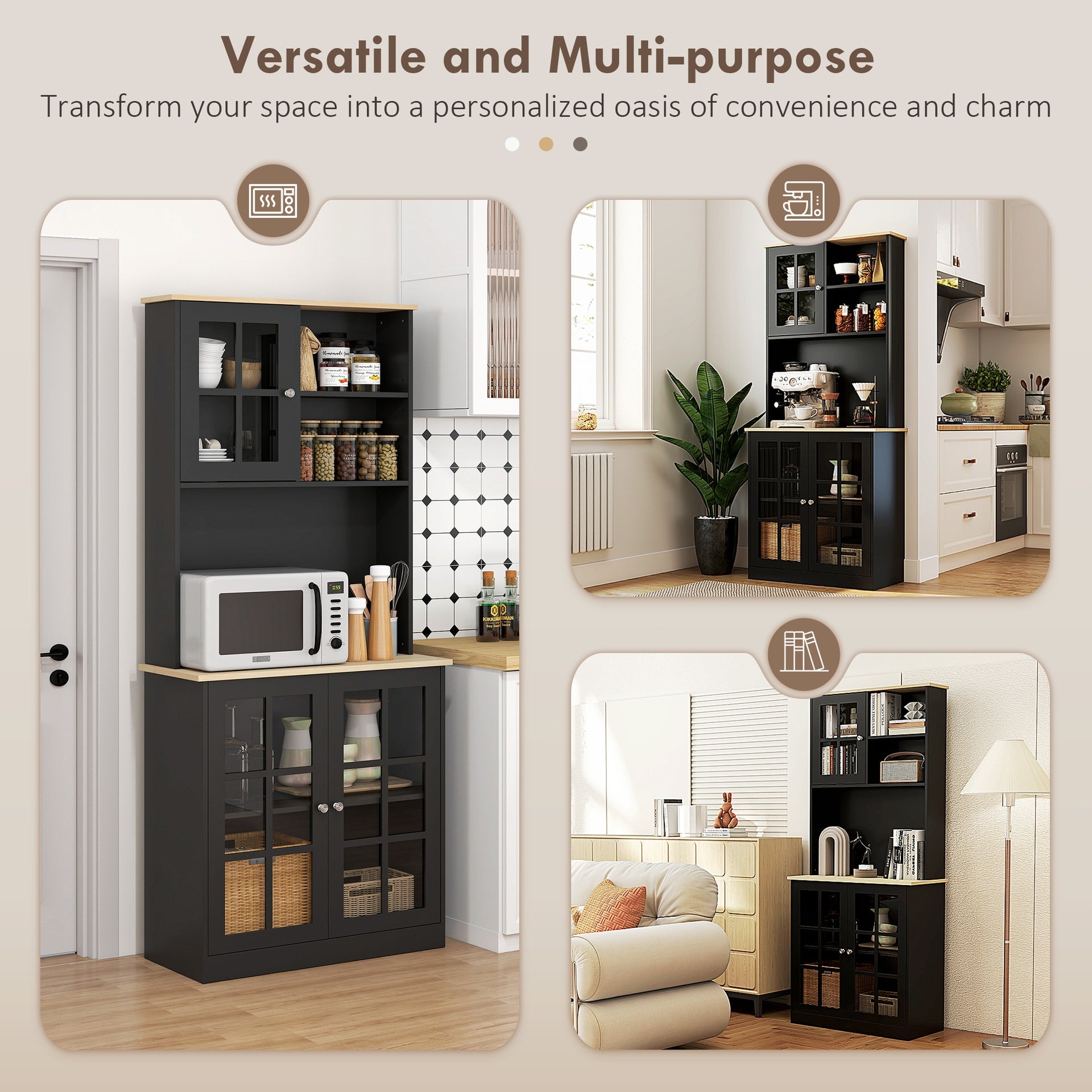 HOMCOM Kitchen Pantry Storage Cabinet, 72" Freestanding Cabinet with Hutch, Large Countertop, Glass Doors and Adjustable Shelves for Dining Room, Black