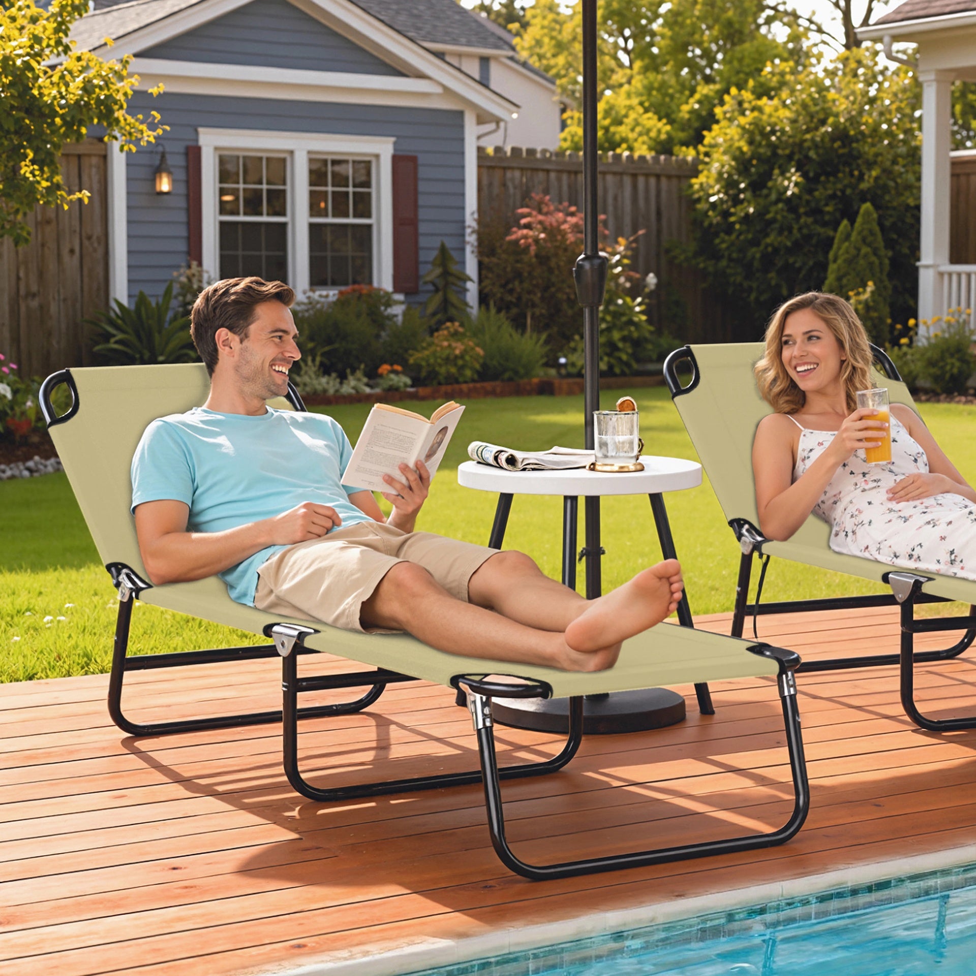 Outsunny Folding Chaise Lounge Pool Chairs, Outdoor Sun Tanning Chairs with 5-Level Reclining Back, Steel Frame for Beach, Yard, Patio, Beige