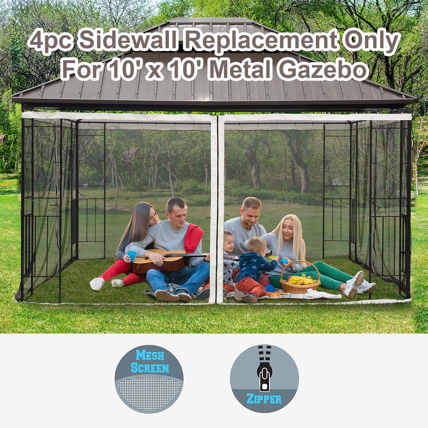 Outsunny 10x10 Replacement Mesh Sidewall Netting for Gazebos and Canopy Tents with Zippers, Black