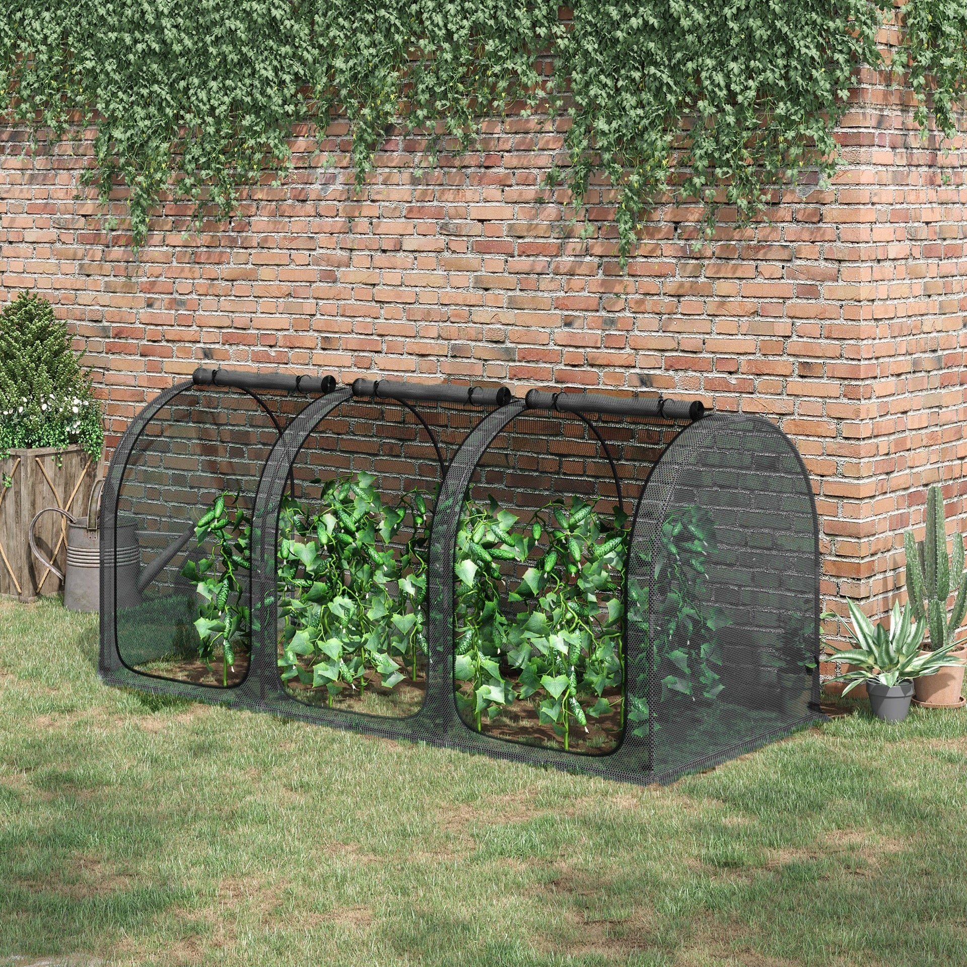 Outsunny 9' x 4' Crop Cage, Plant Protection Tent with Three Zippered Doors, Steel Frame, Storage Bag and 4 Ground Stakes, for Garden, Yard, Lawn, Black