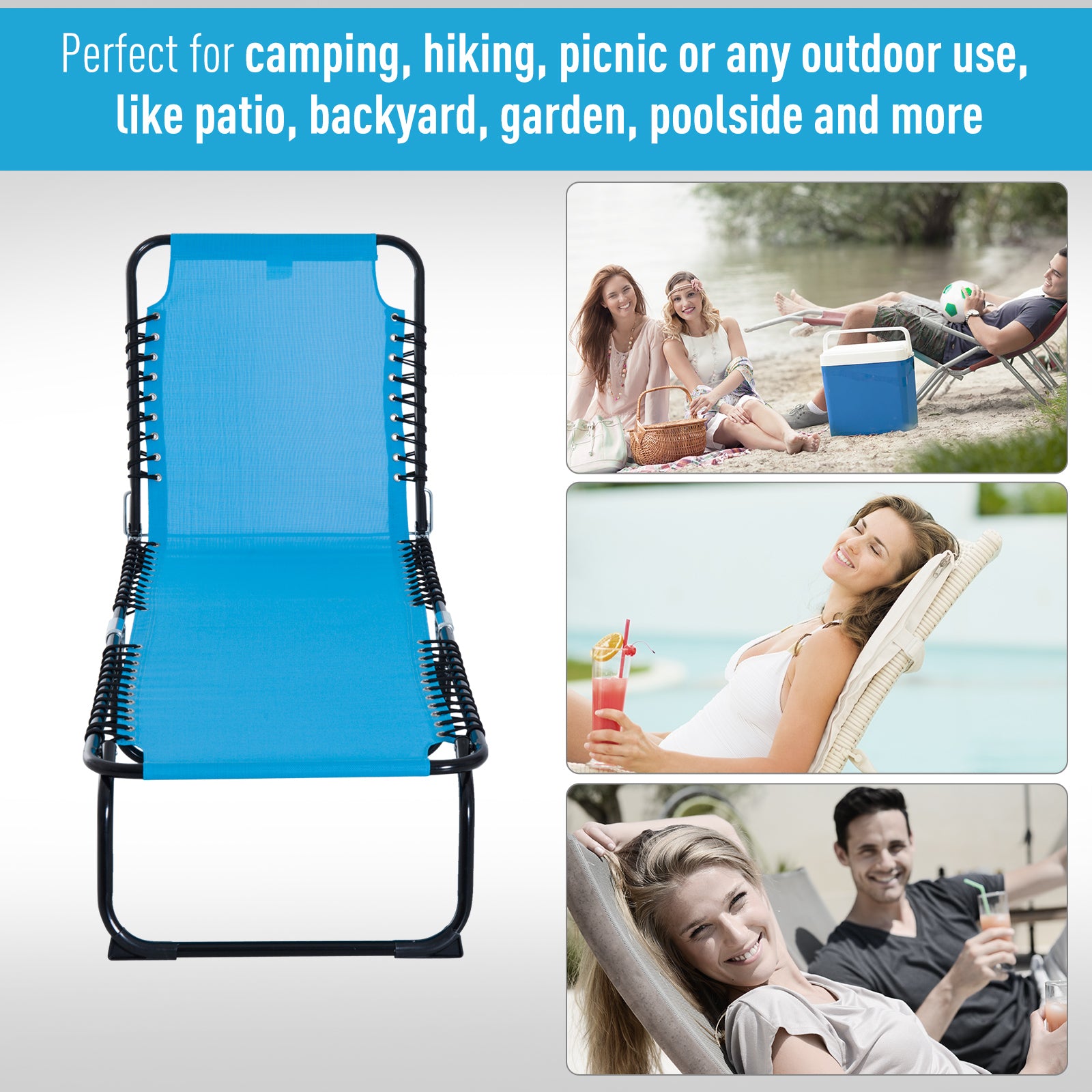 Outsunny Foldable Chaise Lounge, 4-Position Reclining Back, Trifold Portable design and Breathable Mesh for Poolside,Camping, Hiking - Light Blue