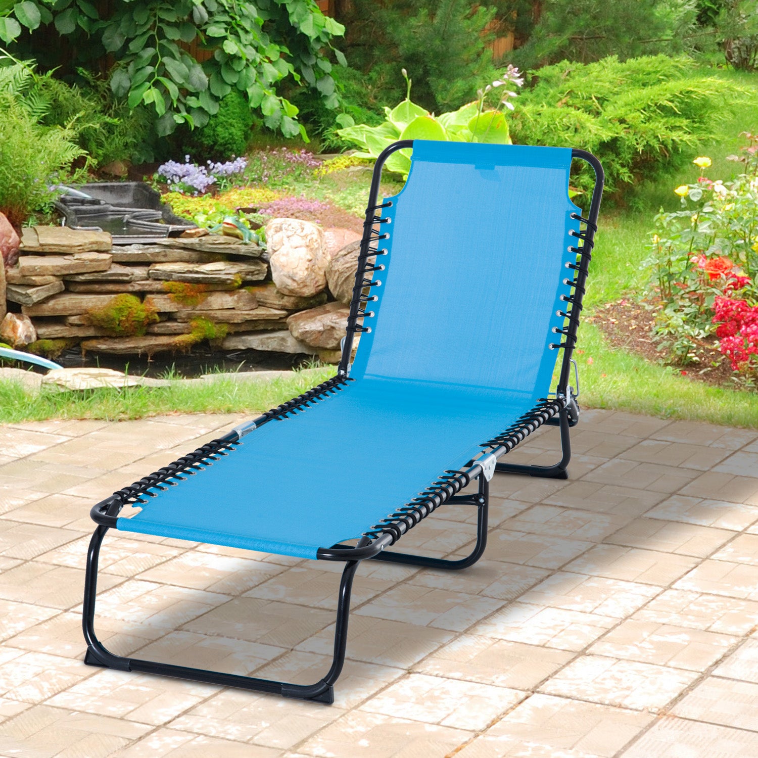 Outsunny Foldable Chaise Lounge, 4-Position Reclining Back, Trifold Portable design and Breathable Mesh for Poolside,Camping, Hiking - Light Blue