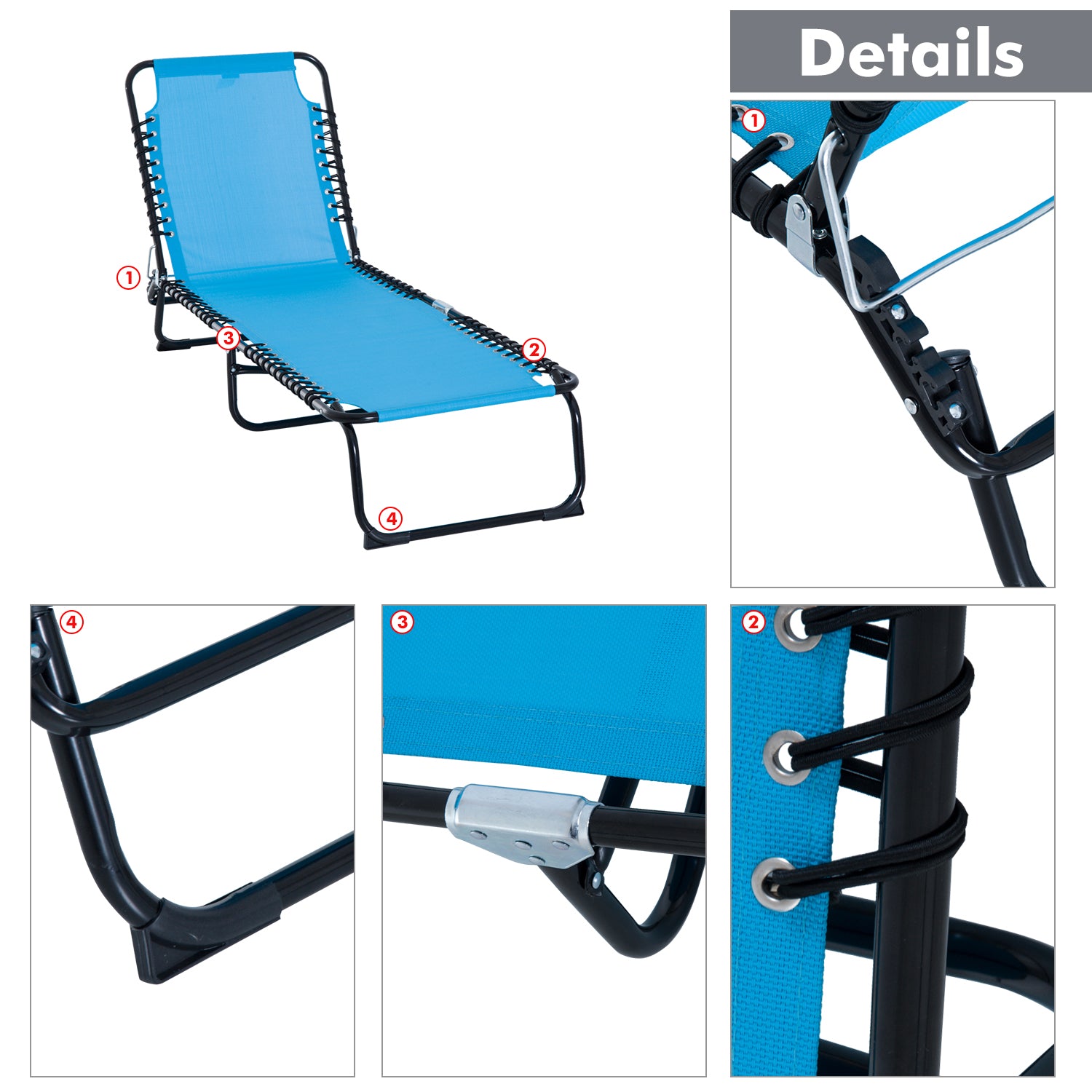 Outsunny Foldable Chaise Lounge, 4-Position Reclining Back, Trifold Portable design and Breathable Mesh for Poolside,Camping, Hiking - Light Blue