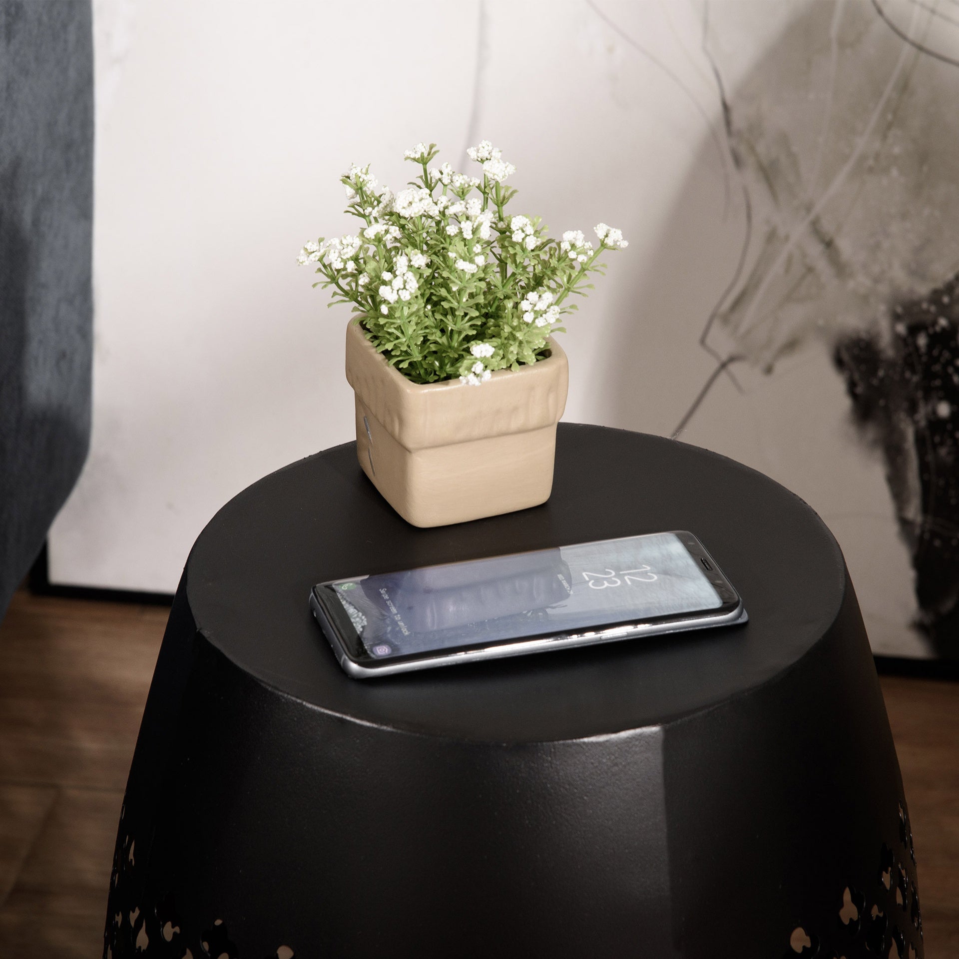 Outsunny 12" Steel Outdoor Side Table, Round Hollow Drum Patio End Table, Accent Table for Indoor and Outdoor, Black