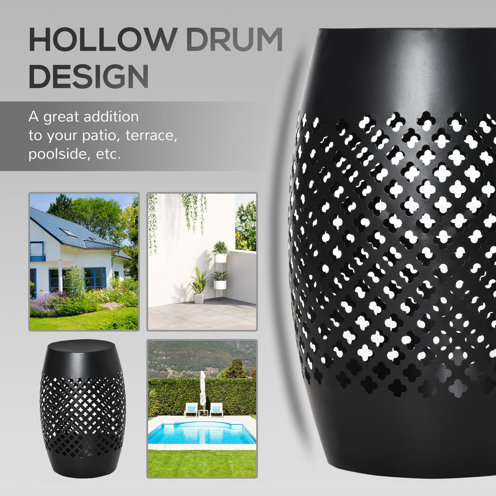 Outsunny 12" Steel Outdoor Side Table, Round Hollow Drum Patio End Table, Accent Table for Indoor and Outdoor, Black
