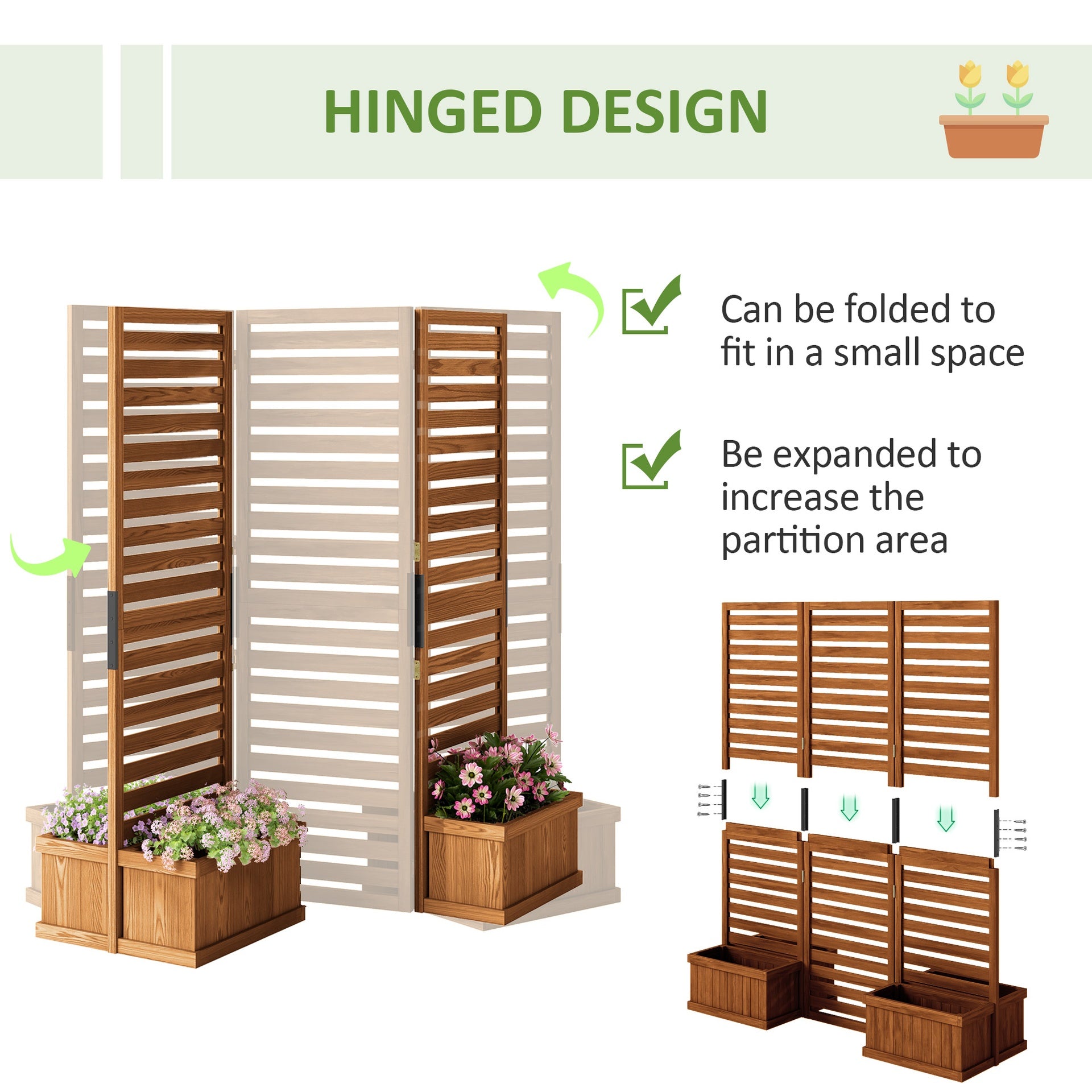 Outsunny 62.5" x 19" x 66" Wood Panel Trellis w/ 4 Planter Box Raised Bed for Garden Natural Wood