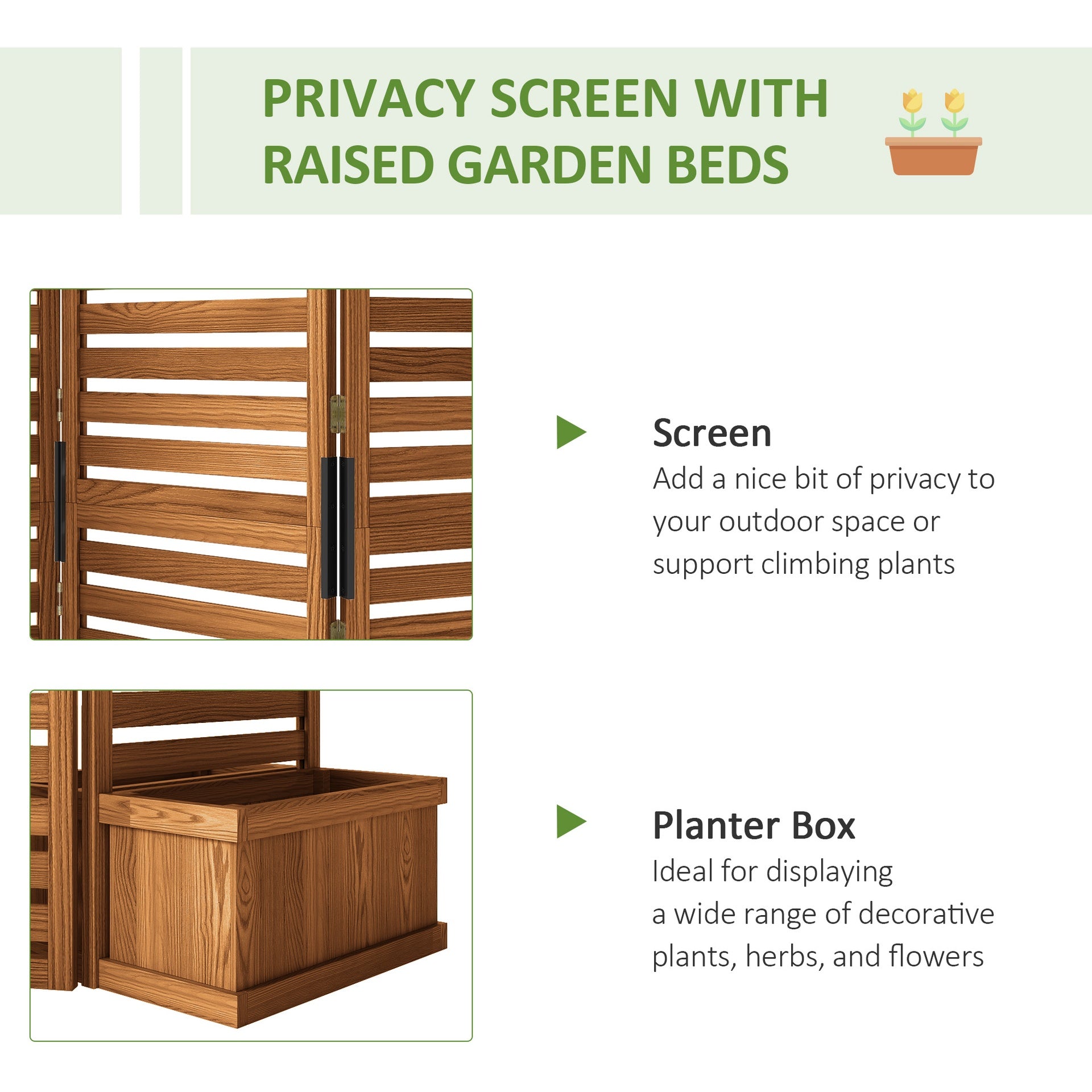 Outsunny 62.5" x 19" x 66" Wood Panel Trellis w/ 4 Planter Box Raised Bed for Garden Natural Wood