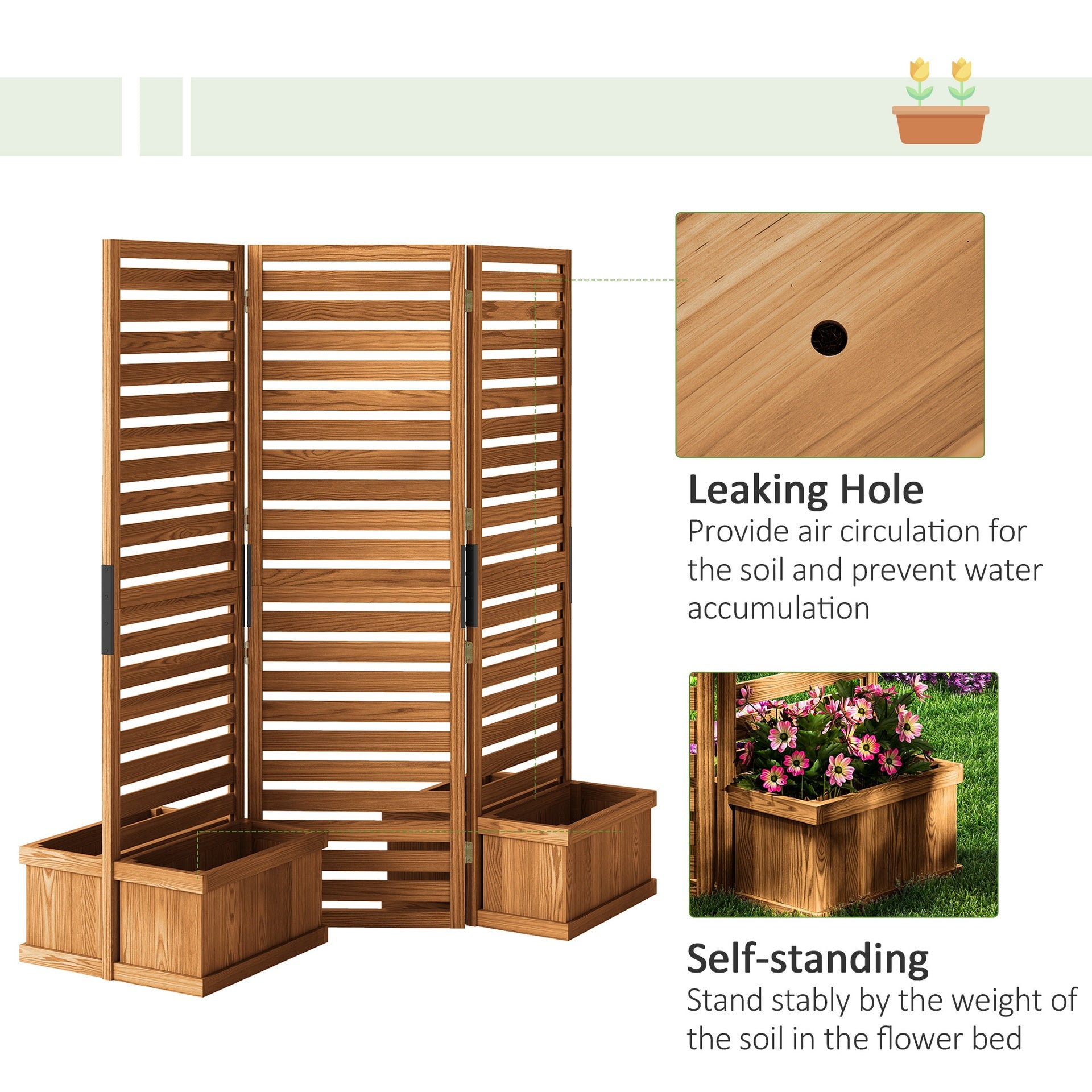 Outsunny 62.5" x 19" x 66" Wood Panel Trellis w/ 4 Planter Box Raised Bed for Garden Natural Wood