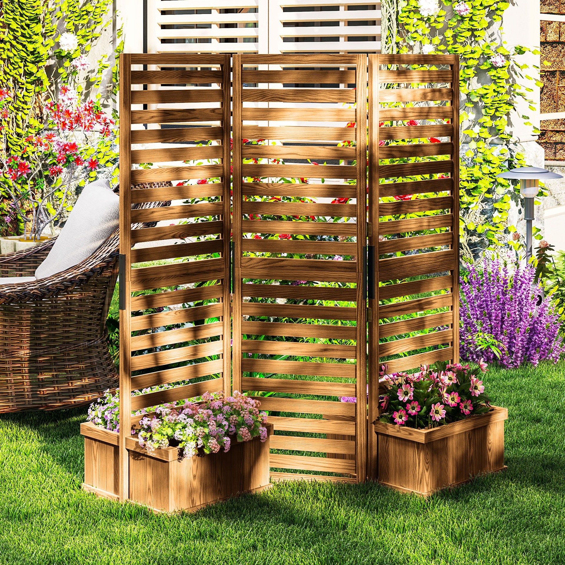 Outsunny 62.5" x 19" x 66" Wood Panel Trellis w/ 4 Planter Box Raised Bed for Garden Natural Wood