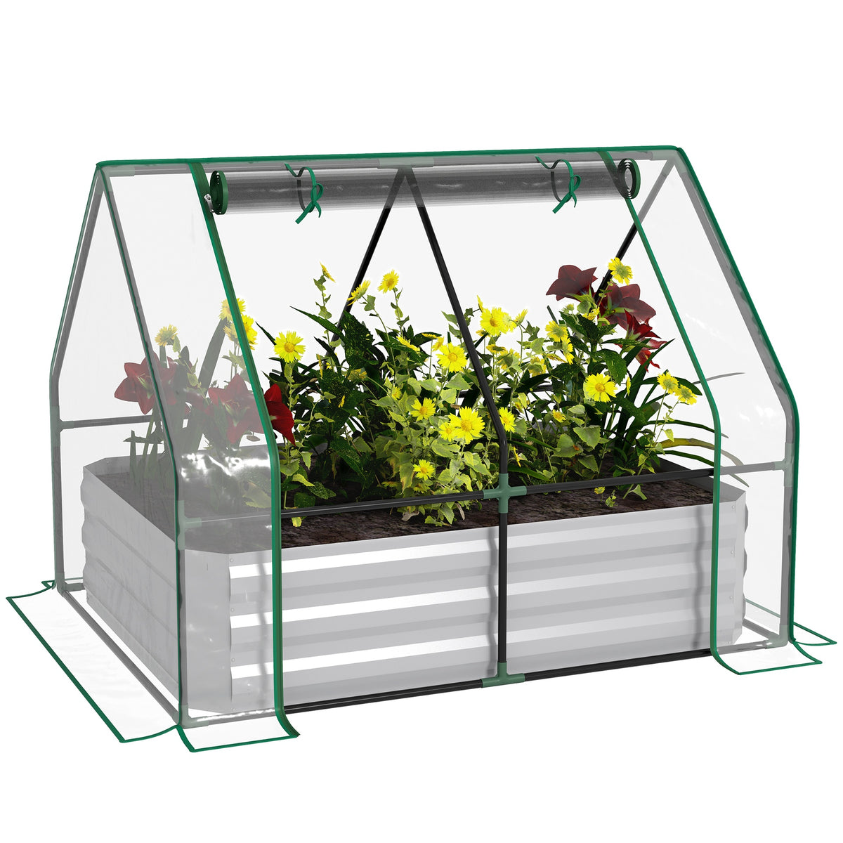 Outsunny Raised Garden Bed with Cover, Outdoor Galvanized Metal Planter Box Kit, 4 x 3 ft Mini Greenhouse with 2 Large Screen Windows, for Growing Flowers, Vegetables and Herbs, Clear