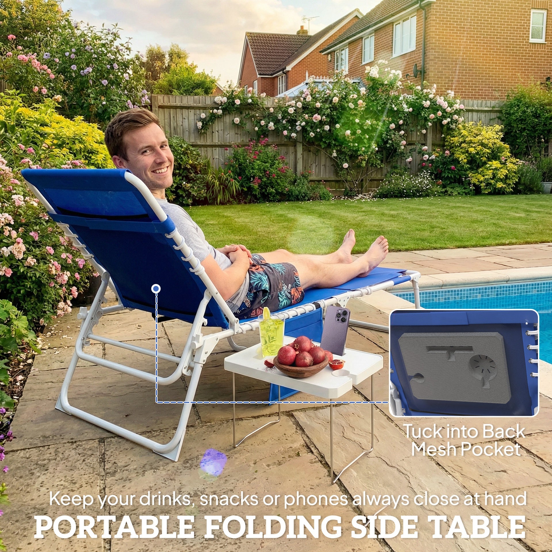 Outsunny Tanning Chair with Face Hole and Side Table, 5-Position Folding Outdoor Chaise Lounge Chair, Navy Blue