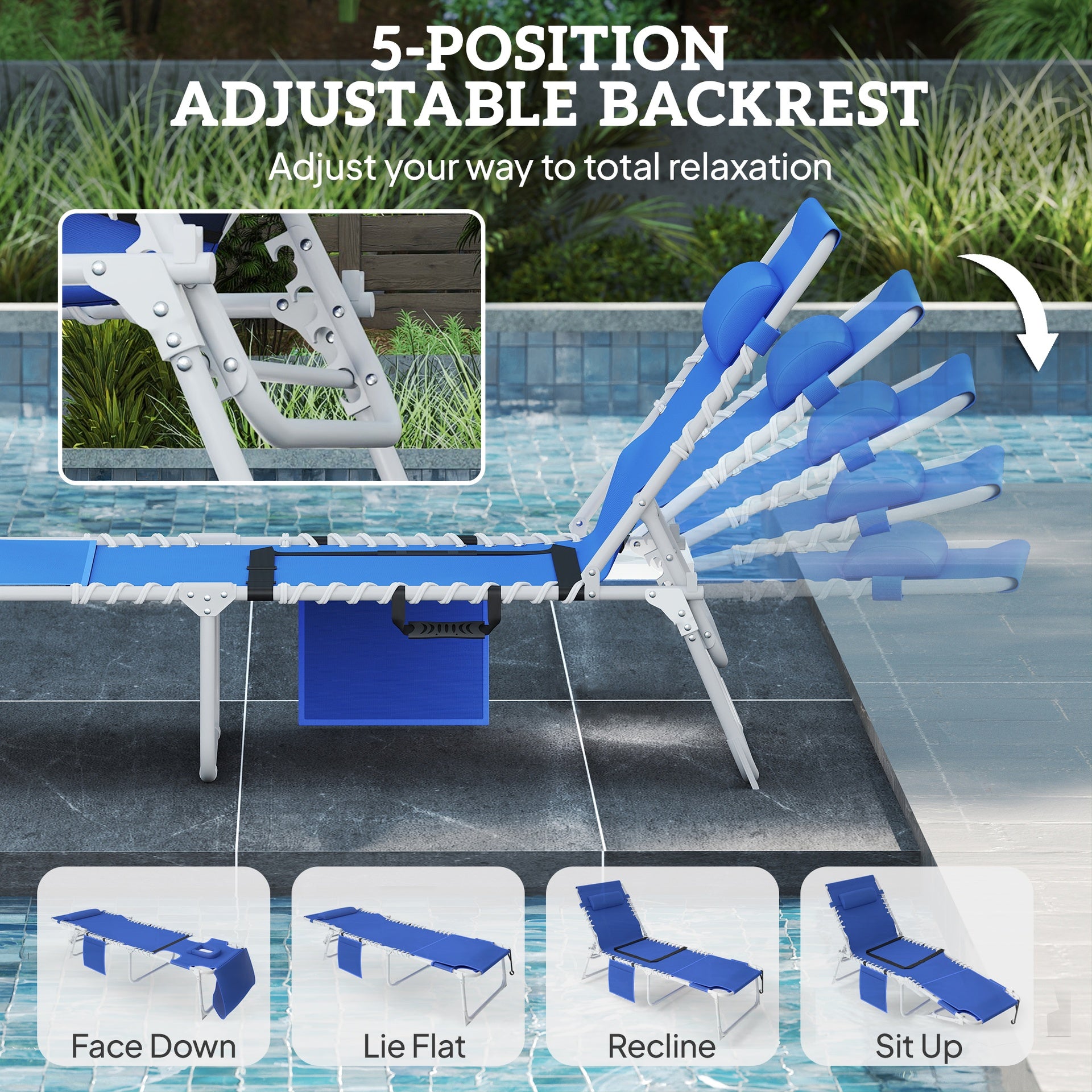 Outsunny Tanning Chair with Face Hole and Side Table, 5-Position Folding Outdoor Chaise Lounge Chair, Navy Blue