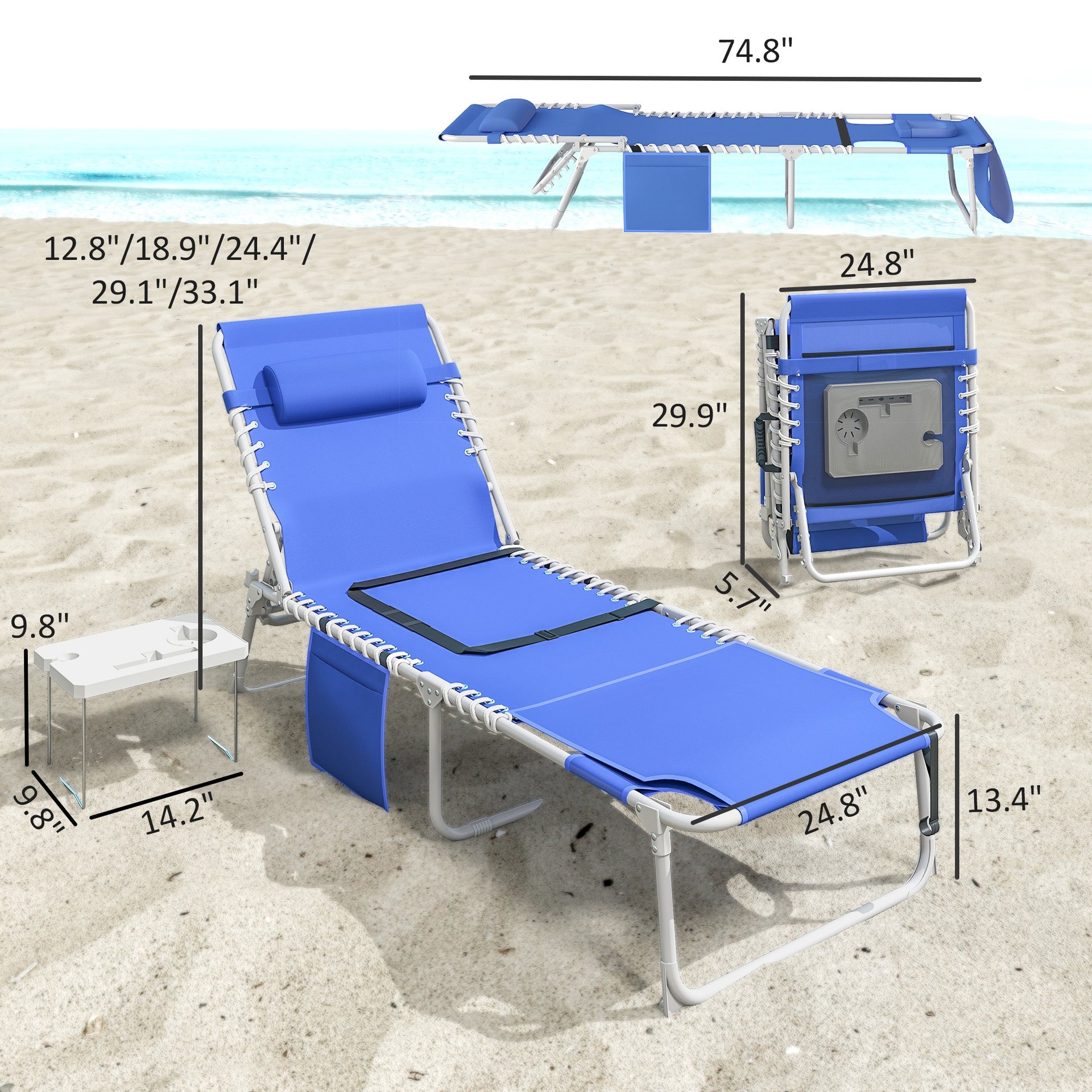 Outsunny Tanning Chair with Face Hole and Side Table, 5-Position Folding Outdoor Chaise Lounge Chair, Navy Blue