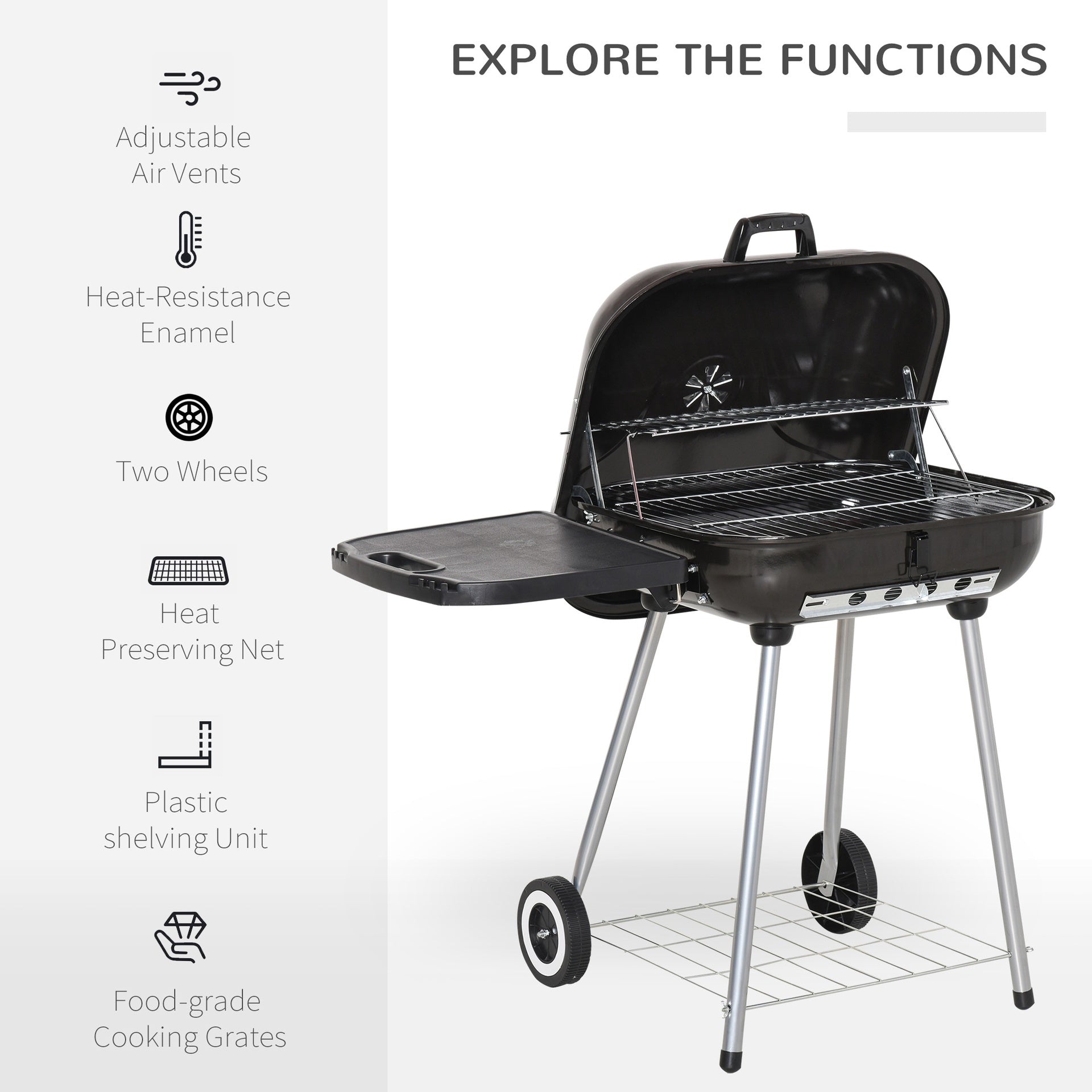 Outsunny 22" Charcoal Barbecue Grill with Portable Wheel, Side Tray and Lower Shelf for Outdoor BBQ for Garden, Backyard, Poolside
