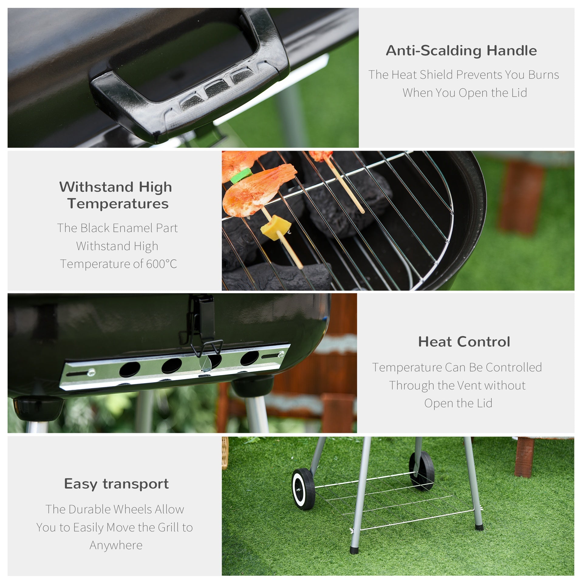 Outsunny 22" Charcoal Barbecue Grill with Portable Wheel, Side Tray and Lower Shelf for Outdoor BBQ for Garden, Backyard, Poolside