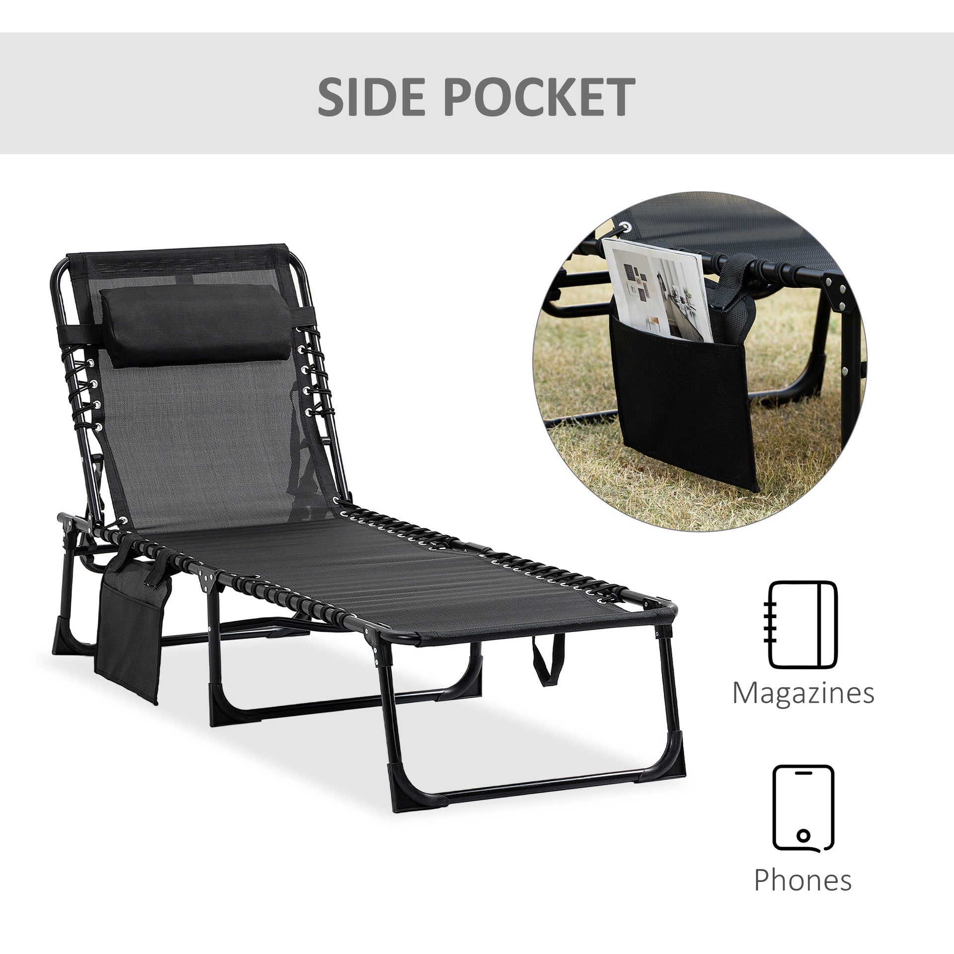 Outsunny Reclining Chaise Lounge Chair, Portable Sun Lounger, Folding Camping Cot with Adjustable Backrest and Removable Pillow, for Patio, Garden, Beach, Black