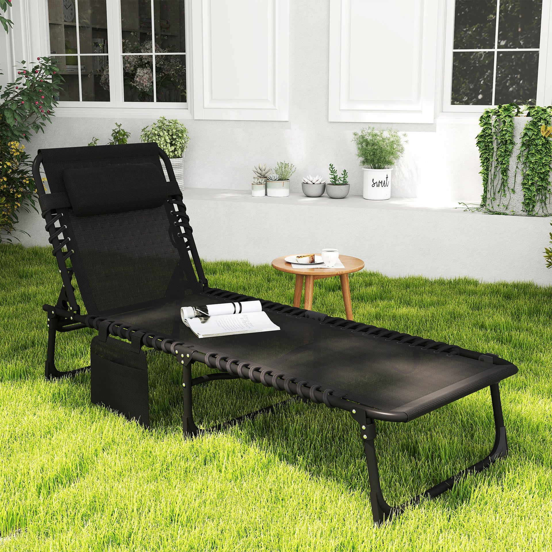 Outsunny Reclining Chaise Lounge Chair, Portable Sun Lounger, Folding Camping Cot with Adjustable Backrest and Removable Pillow, for Patio, Garden, Beach, Black